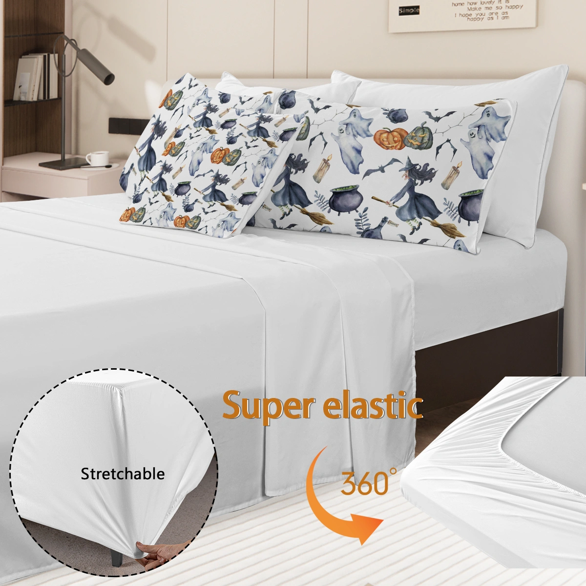 8PCS Halloween Comforter Set Bed in a Bag, Witch Pattern King Size Bedding Set with 1 Comforter, 2 Pillow Shams, Sheets & Cushion Cover view 4