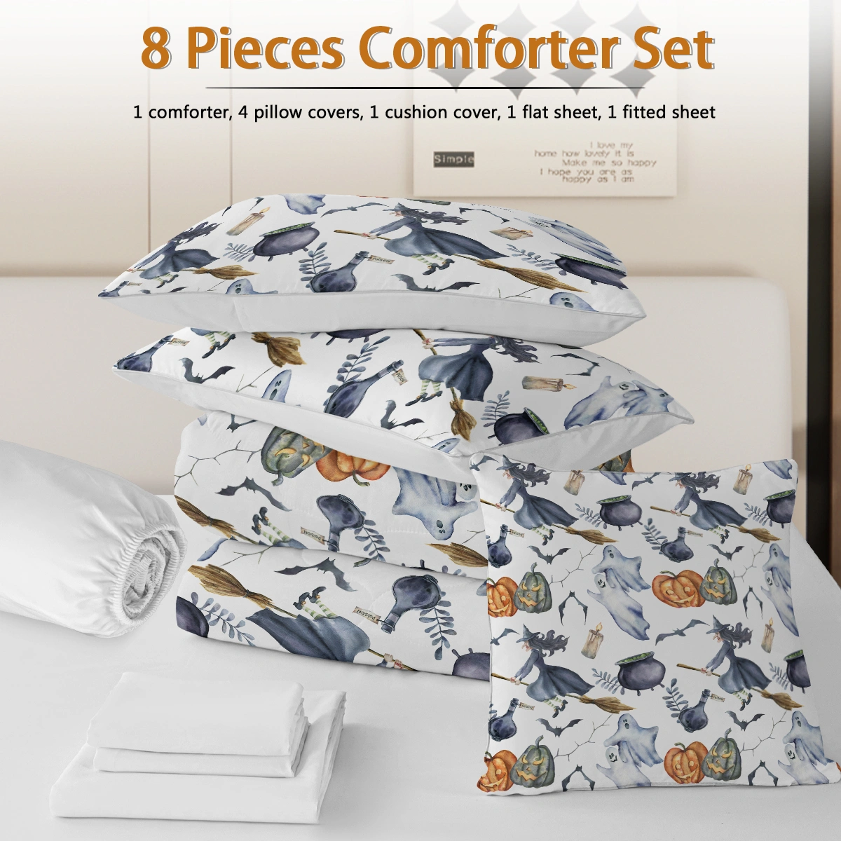 8PCS Halloween Comforter Set Bed in a Bag, Witch Pattern King Size Bedding Set with 1 Comforter, 2 Pillow Shams, Sheets & Cushion Cover view 5
