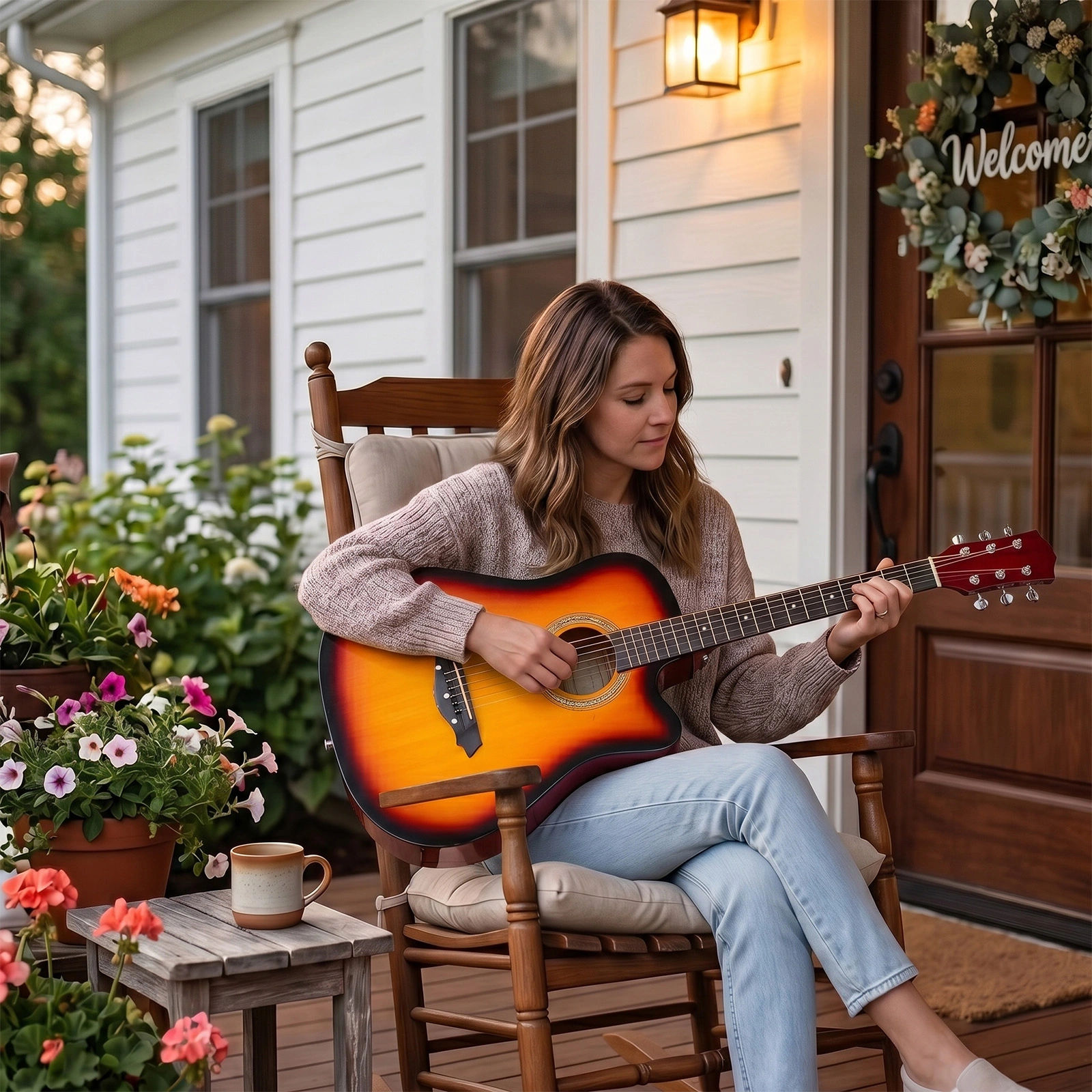 Sunset color 38-inch Acoustic Guitar with Picks, Strings, Capo, Case, Tuner, and Strap view 10