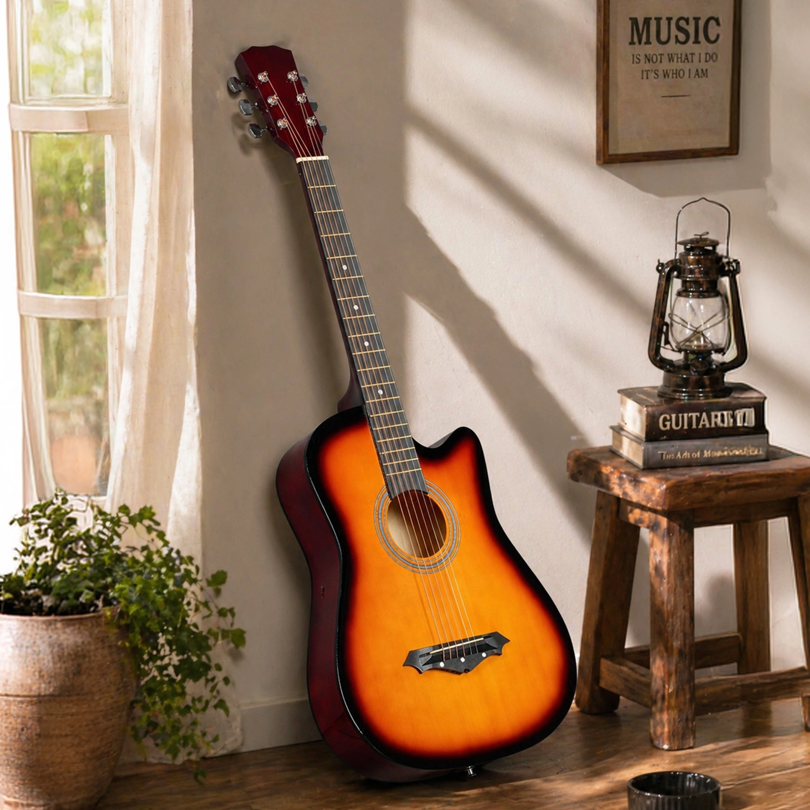 Sunset color 38-inch Acoustic Guitar with Picks, Strings, Capo, Case, Tuner, and Strap view 11
