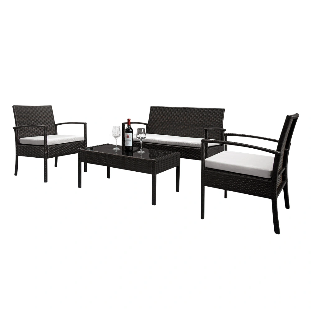 3-Piece Rattan Sofa Set 2 Arm Chairs 1 Love Seat Tempered Glass Coffee Table Brown Gradient view 3