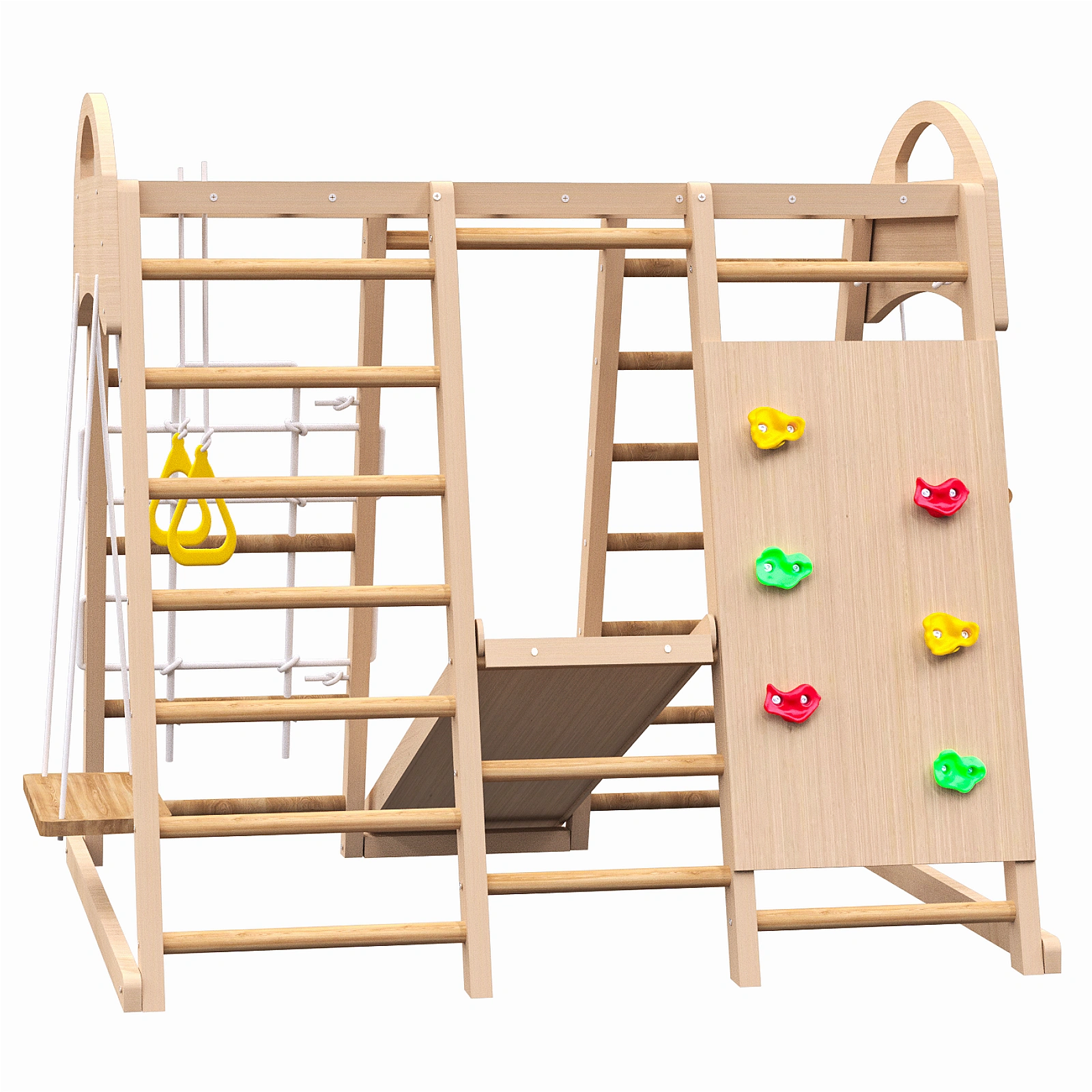 Indoor Wooden Jungle Gym 7-in-1 Playset for Kids 2-6 Years, Slide Climbing Wall Rope Climber Monkey Bars Swing, Waldorf Montessori Style view 3