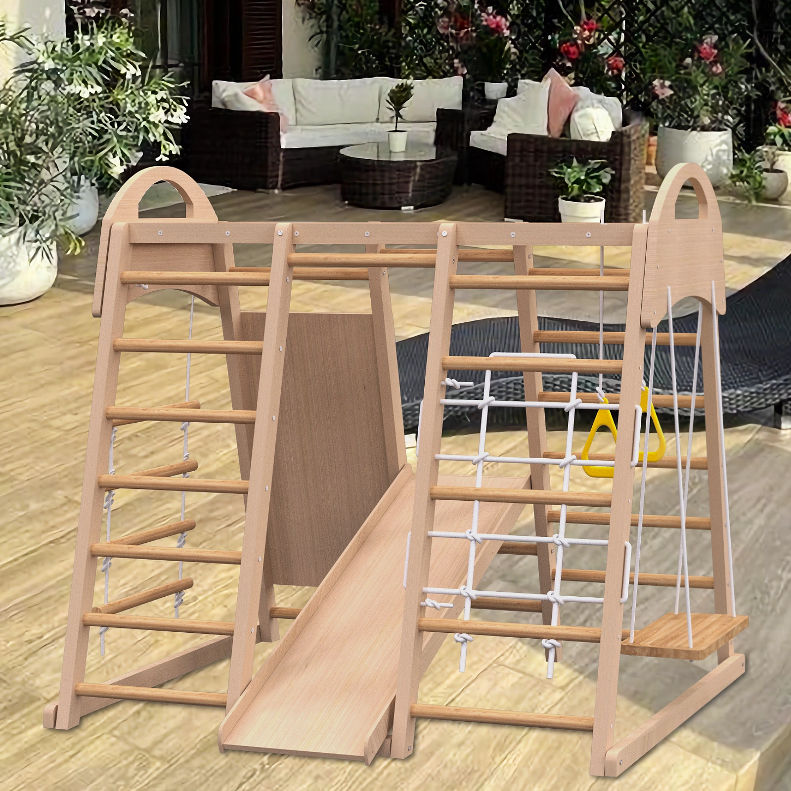 Indoor Wooden Jungle Gym 7-in-1 Playset for Kids 2-6 Years, Slide Climbing Wall Rope Climber Monkey Bars Swing, Waldorf Montessori Style view 7