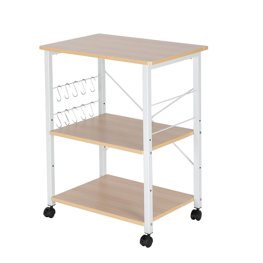 Baker's Rack 3-Tier Kitchen Utility Microwave Oven Stand Storage Cart Workstation Shelf Light Beige Top White Metal Frame