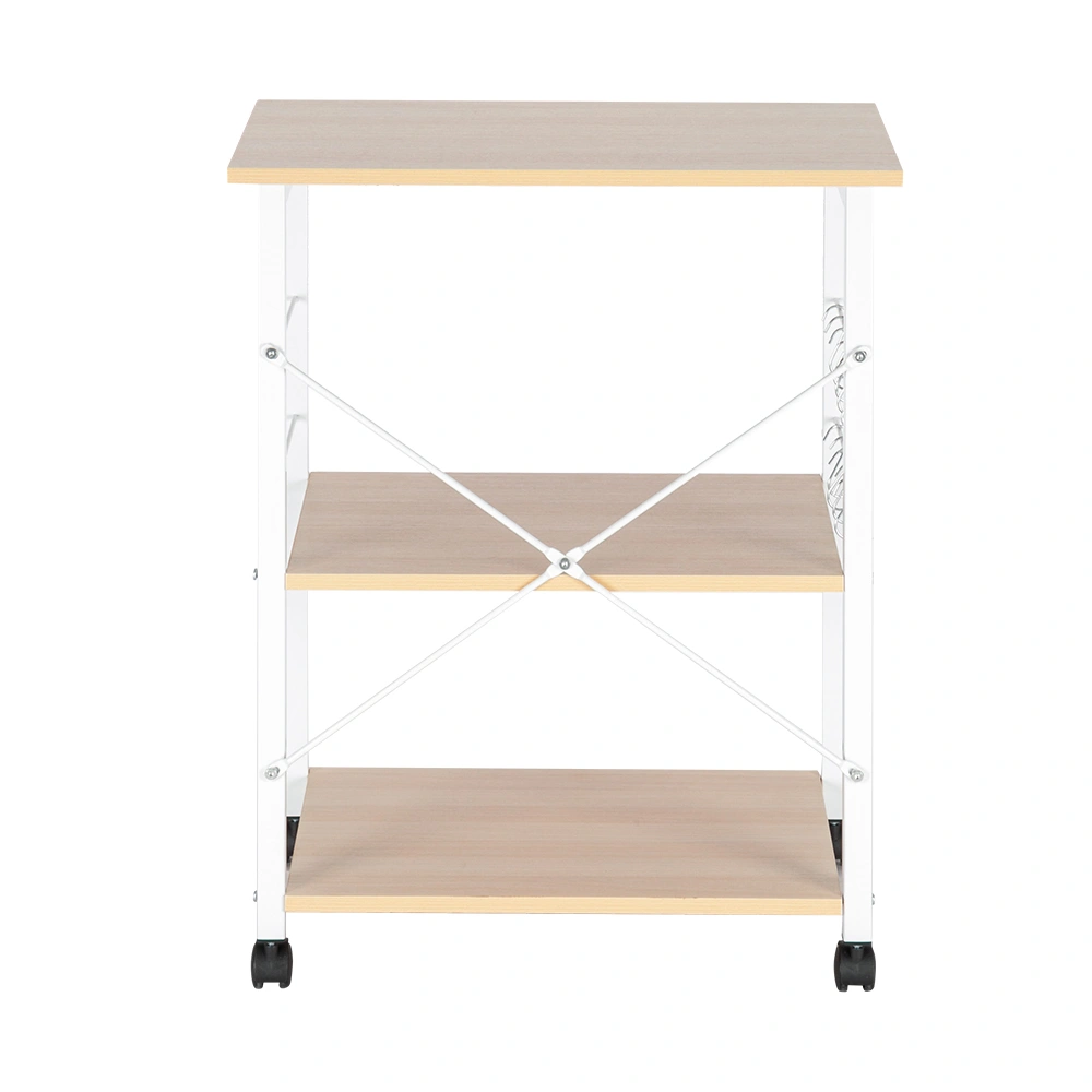 Baker's Rack 3-Tier Kitchen Utility Microwave Oven Stand Storage Cart Workstation Shelf Light Beige Top White Metal Frame view 2