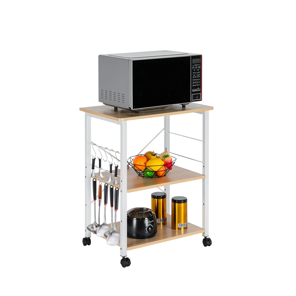 Baker's Rack 3-Tier Kitchen Utility Microwave Oven Stand Storage Cart Workstation Shelf Light Beige Top White Metal Frame view 3