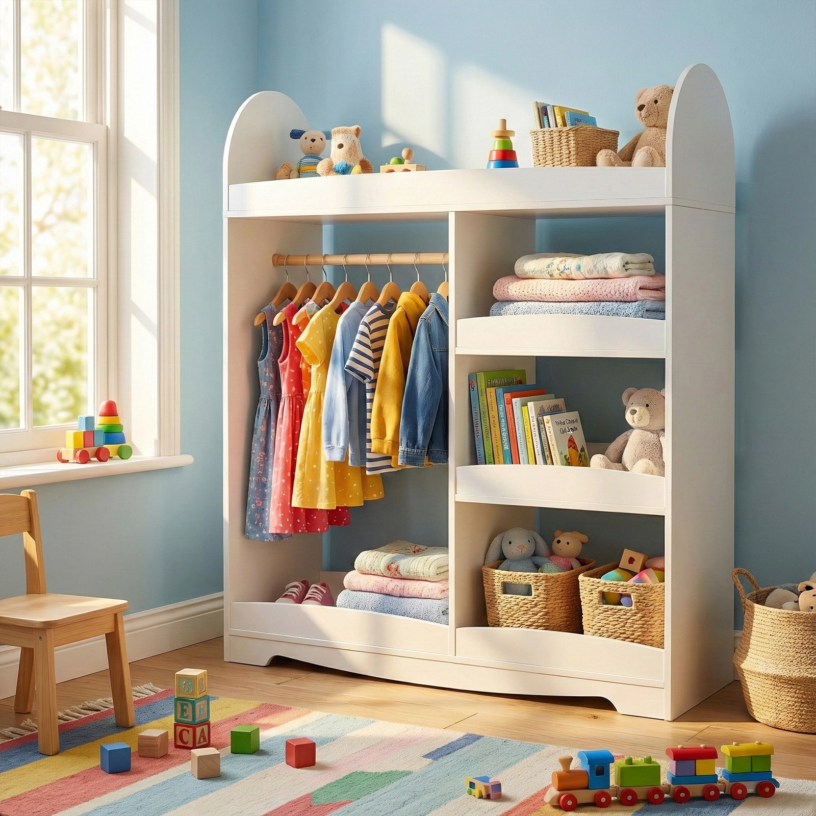 White Kids Wardrobe with 3-Tier Shelves & 1 Clothes Rod, Painted & Veneered MDF Particleboard Storage Cabinet