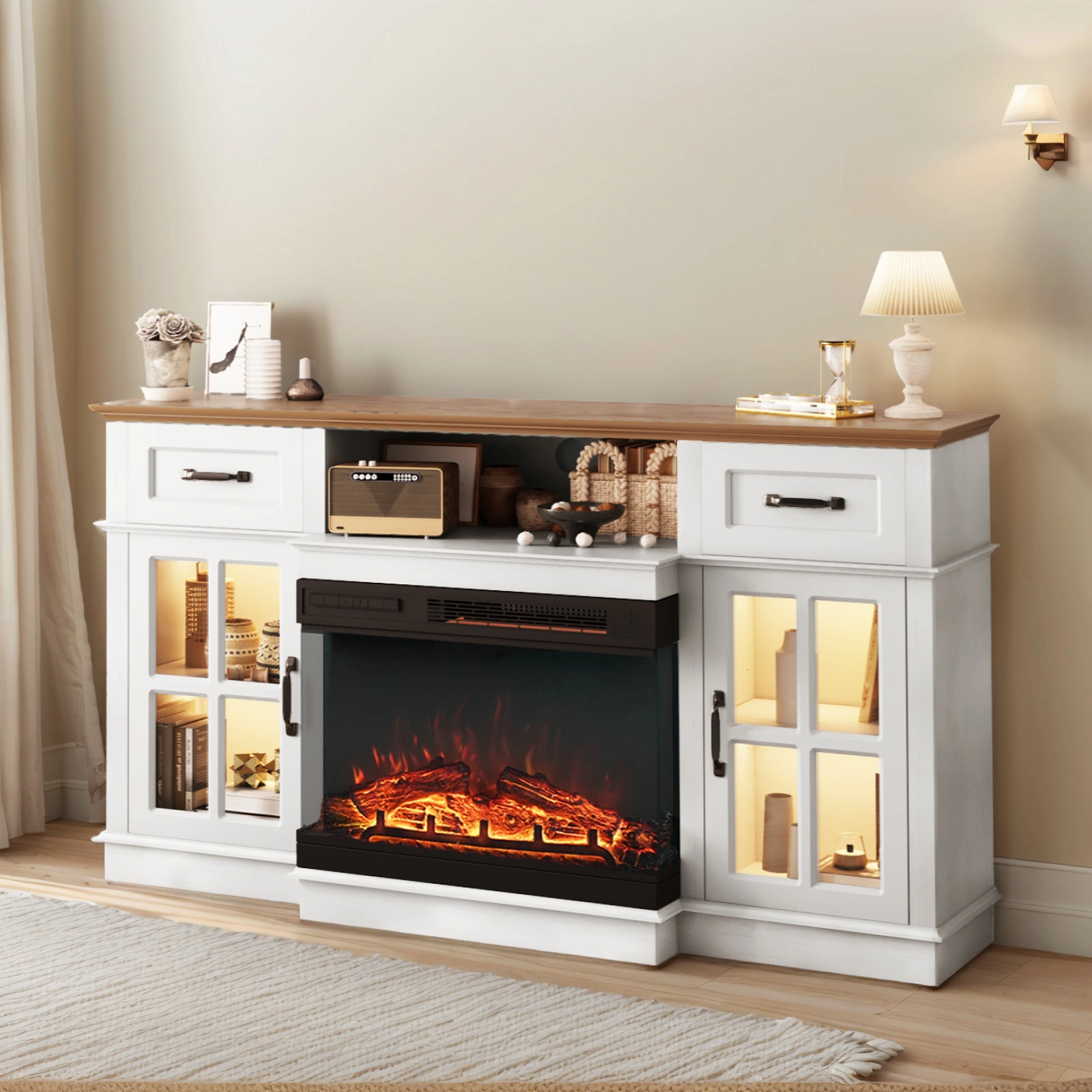 58 Inch Black Gold Oak Fireplace TV Stand with 25 Inch Insert, 2 Doors 2 Drawers & Glass Shelves, Media Console 147.4 x 45 x 80 cm view 8