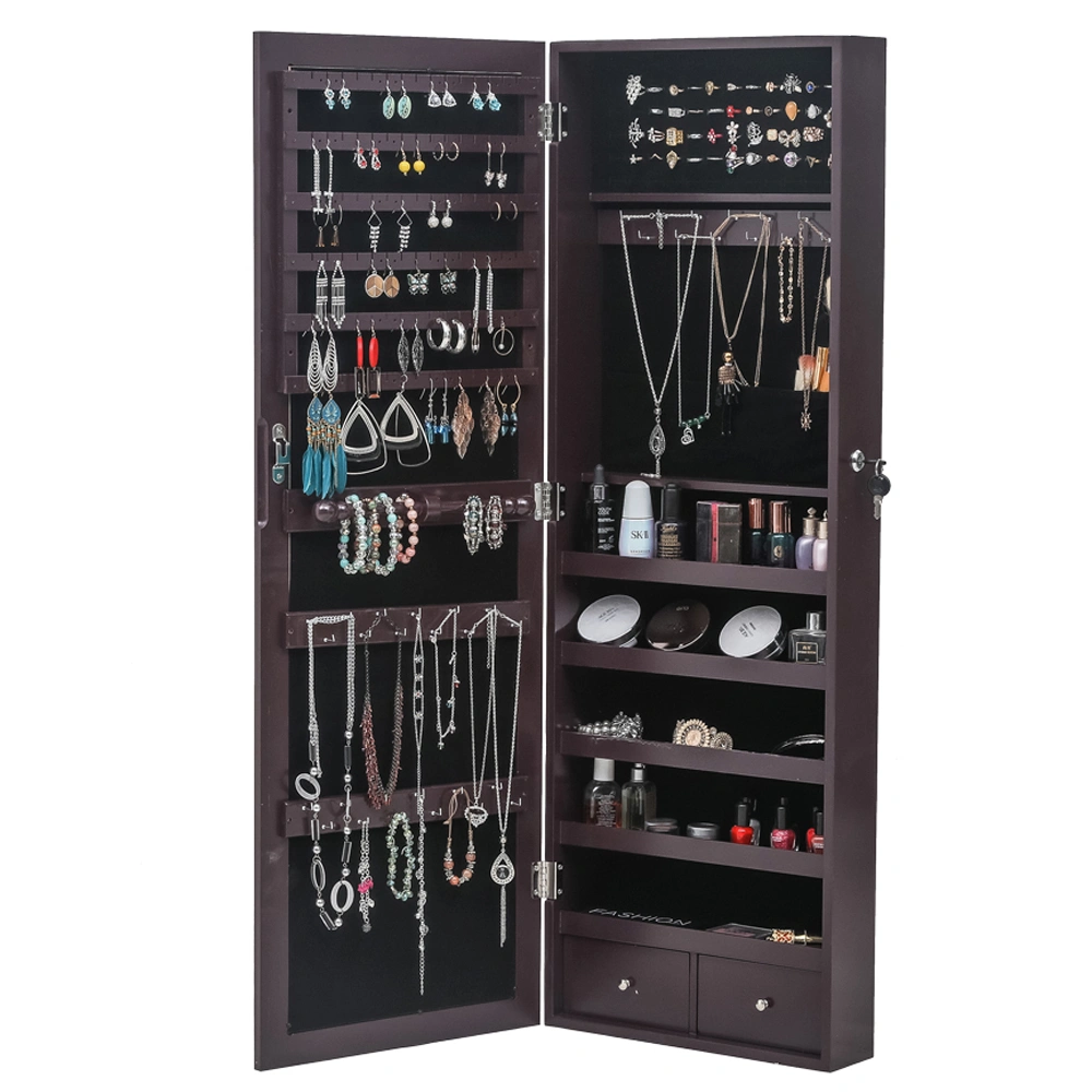 Dark Brown Wall Mounted Full Mirror Wooden Cabinet, 5-Layer Shelf Jewelry Storage Organizer with 2 Drawers, Hanging Mirror Closet view 2