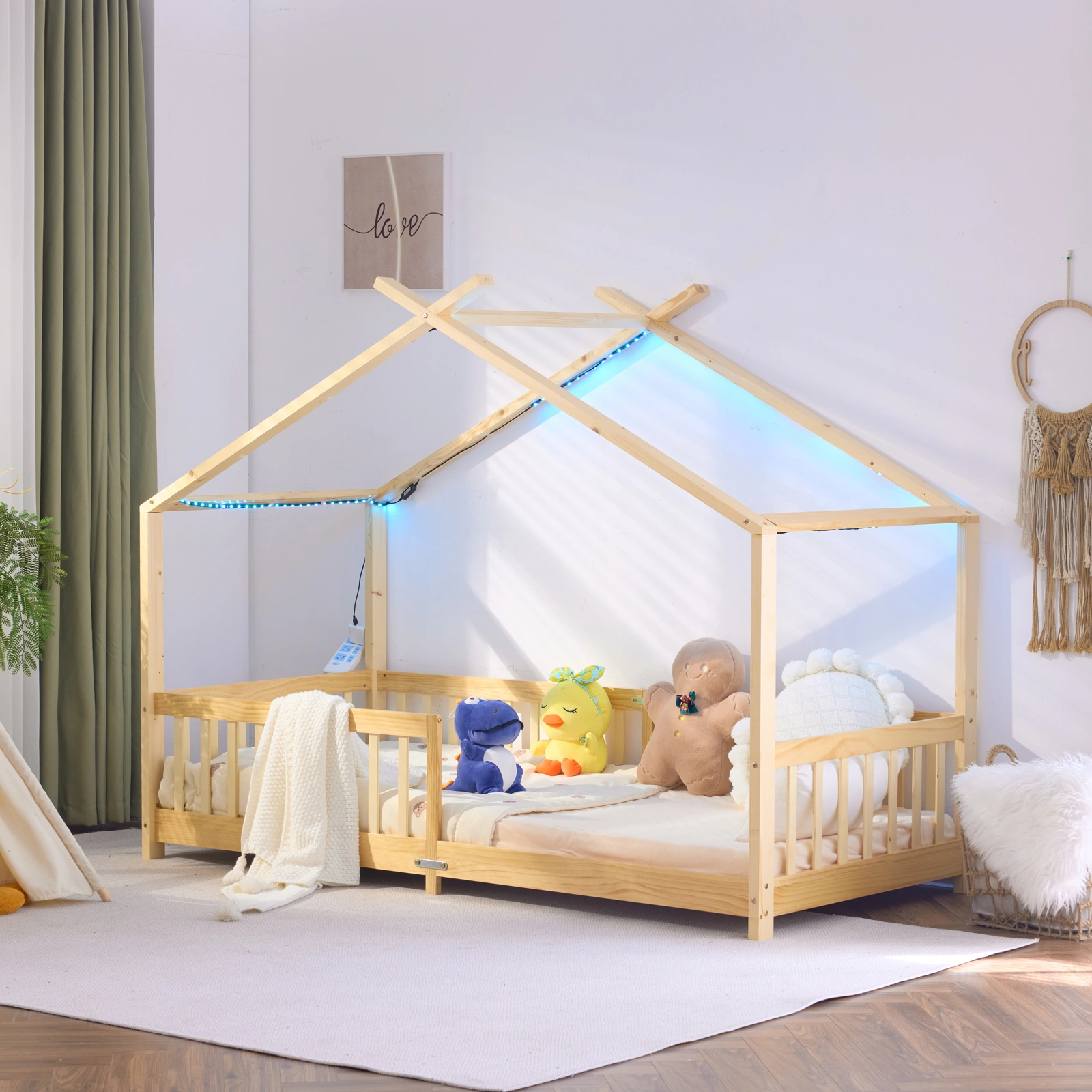Kids Castle Bed Frame X-Shaped Roof House Tent Natural Wood Pine Wooden Toddler Bed 196x98x156cm view 3