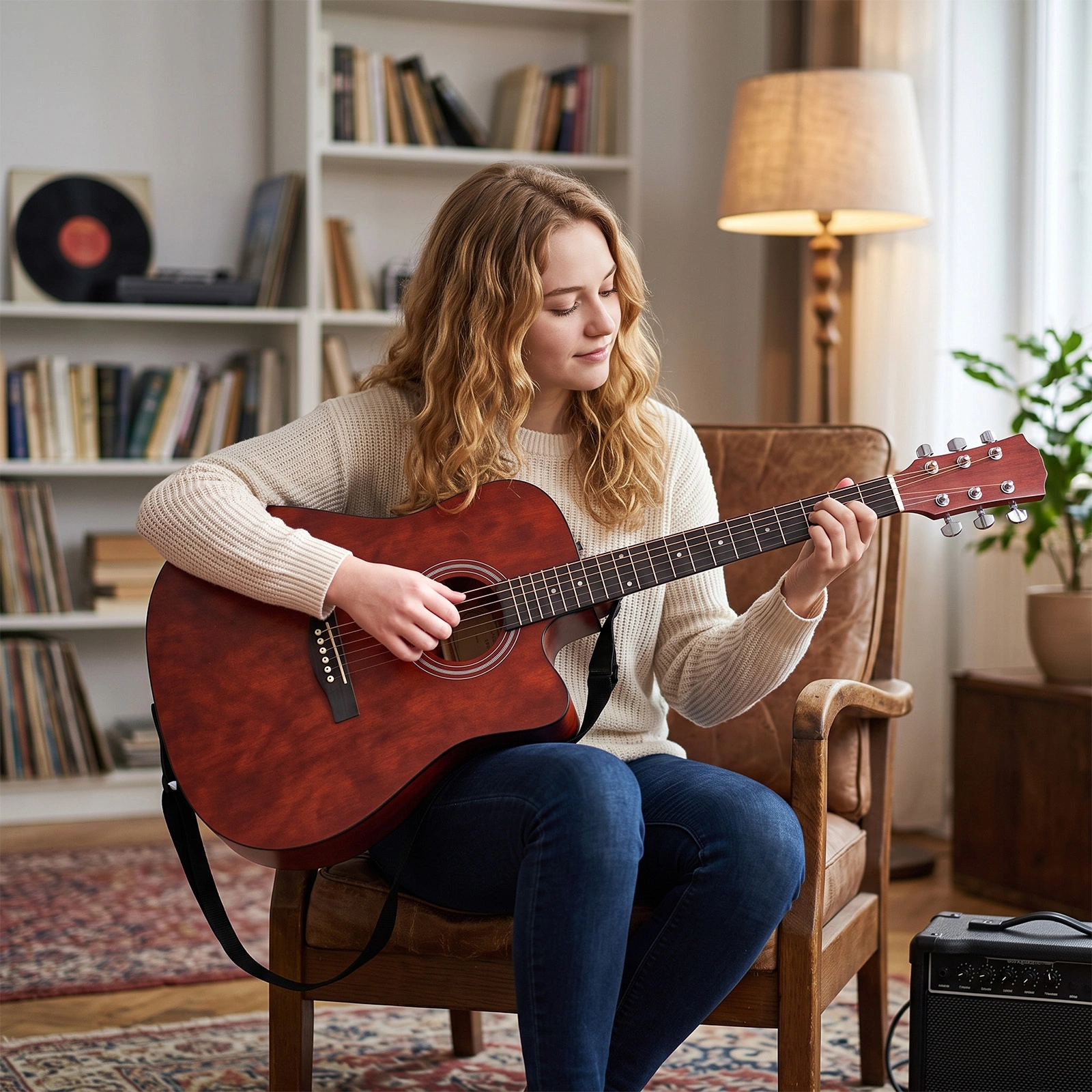 KMA104 41" Acoustic Electric Guitar Dreadnought Cutaway, Basswood Body, Built-in EQ, Coffee, Beginner Folk Guitar with Gig Bag view 11