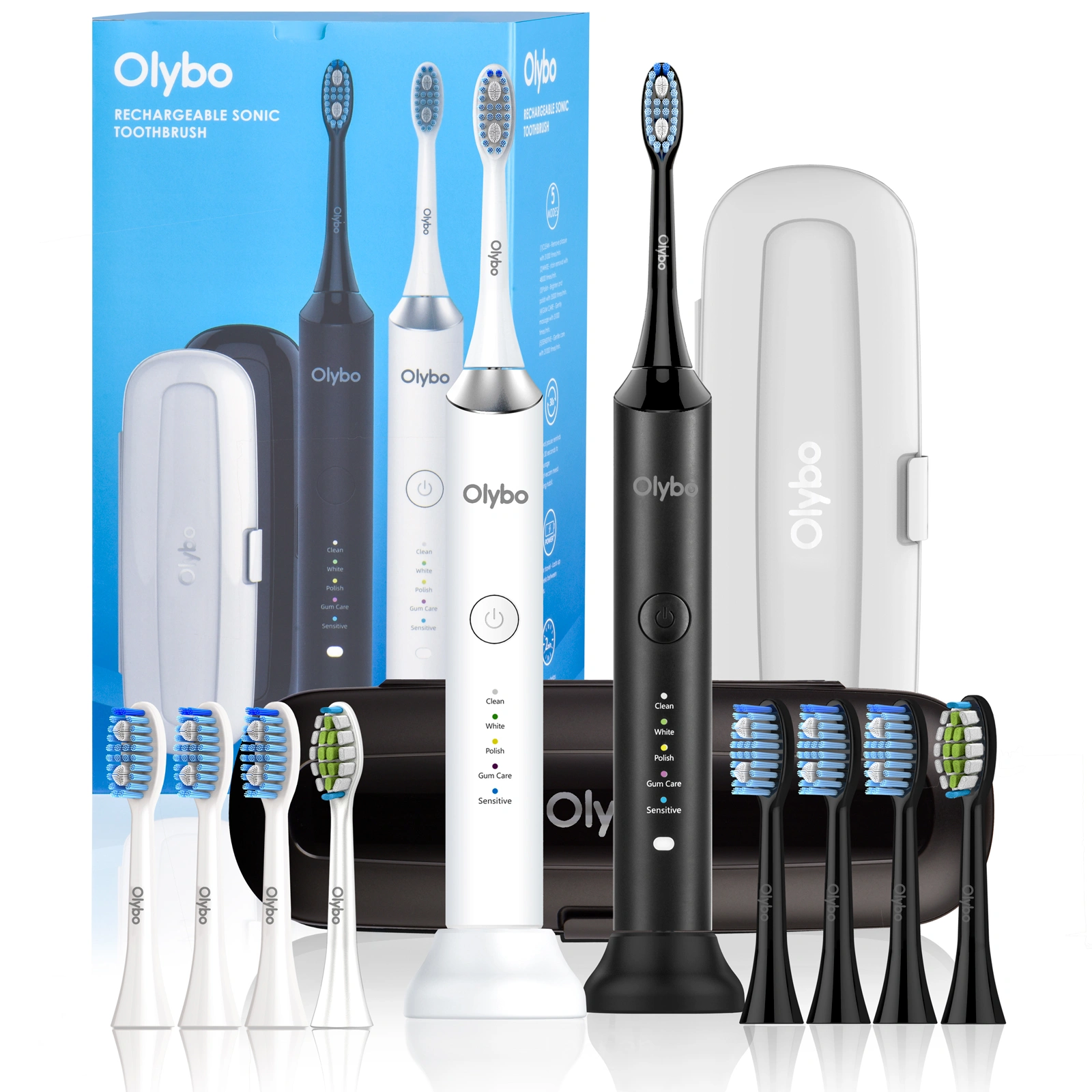 Olybo Sonic Electric Toothbrush Double Pack, 2 Handles, 2 Travel Cases, 5 Cleaning Modes, 10 Replacement Brush Heads