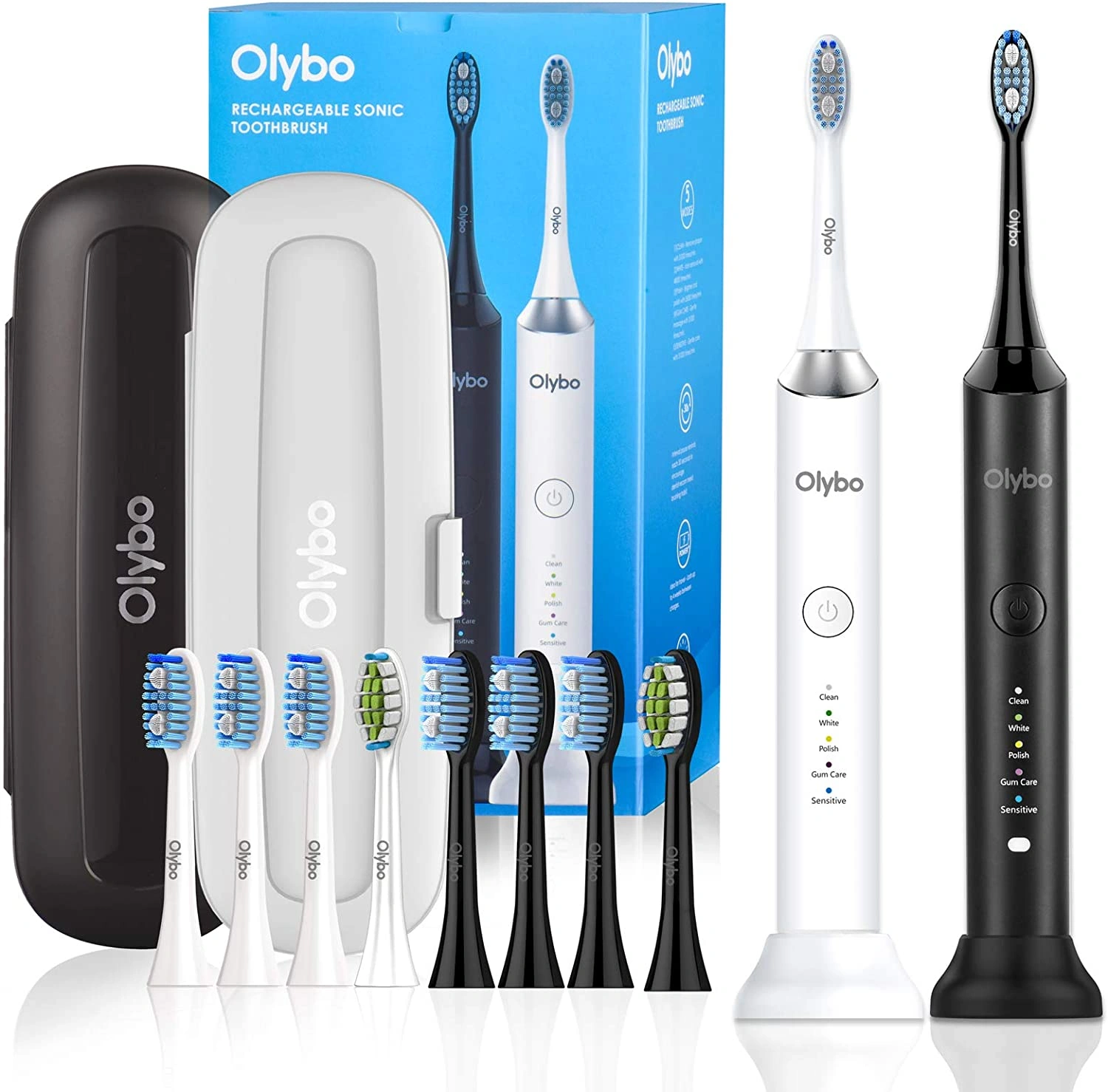 Olybo Sonic Electric Toothbrush Double Pack, 2 Handles, 2 Travel Cases, 5 Cleaning Modes, 10 Replacement Brush Heads view 2