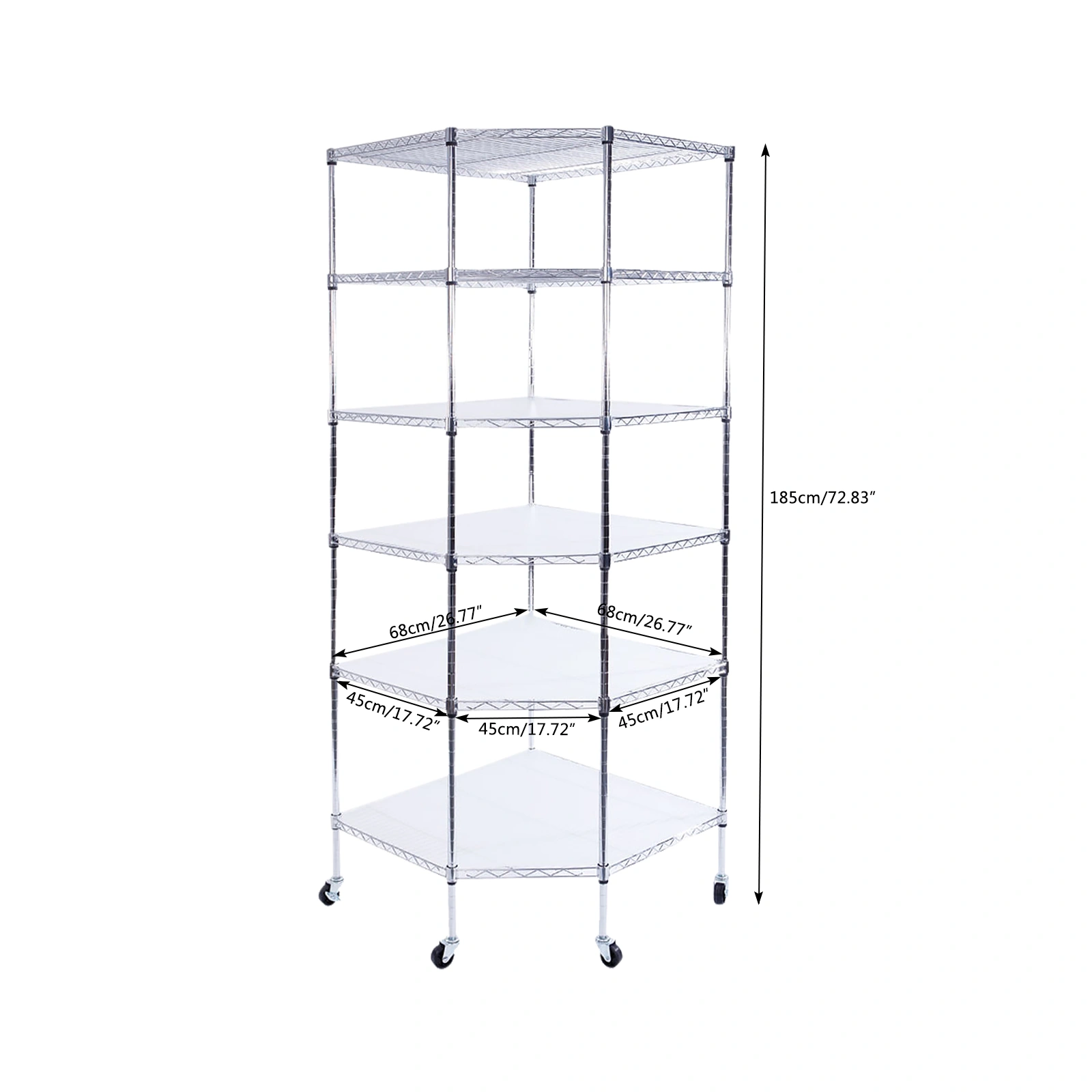 6-Layer Chrome Plated Polygonal Corner Shelf with 2" PP Wheels 680*680*1800 Silver view 20