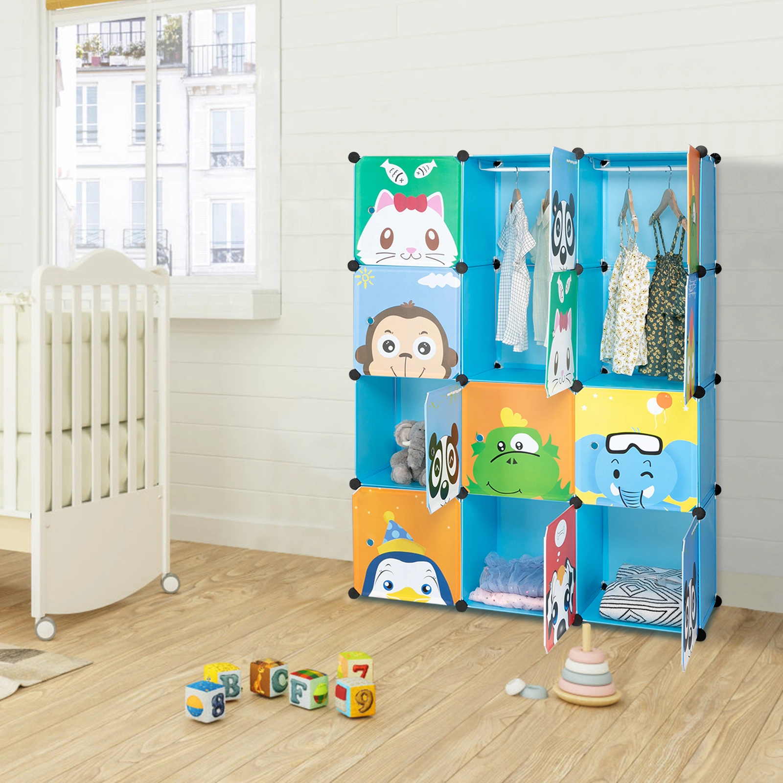 4-Layer 12-Grid 2-Hanging Rod Magic Cube Wardrobe, Plastic + Steel Wire Material with Animal Pattern, Pattern Door Blue Cabinet view 10