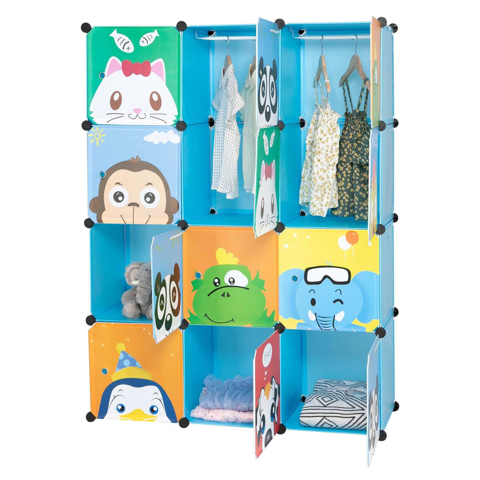 4-Layer 12-Grid 2-Hanging Rod Magic Cube Wardrobe, Plastic + Steel Wire Material with Animal Pattern, Pattern Door Blue Cabinet view 11