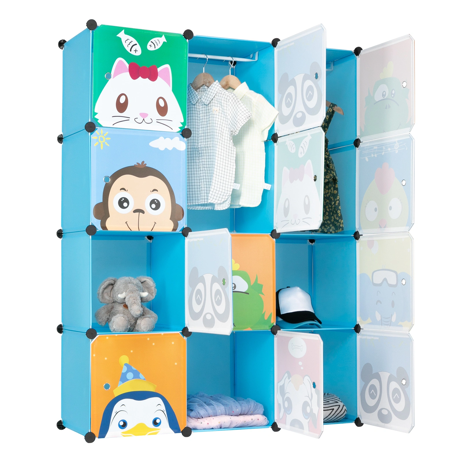 4-Layer 12-Grid 2-Hanging Rod Magic Cube Wardrobe, Plastic + Steel Wire Material with Animal Pattern, Pattern Door Blue Cabinet view 12