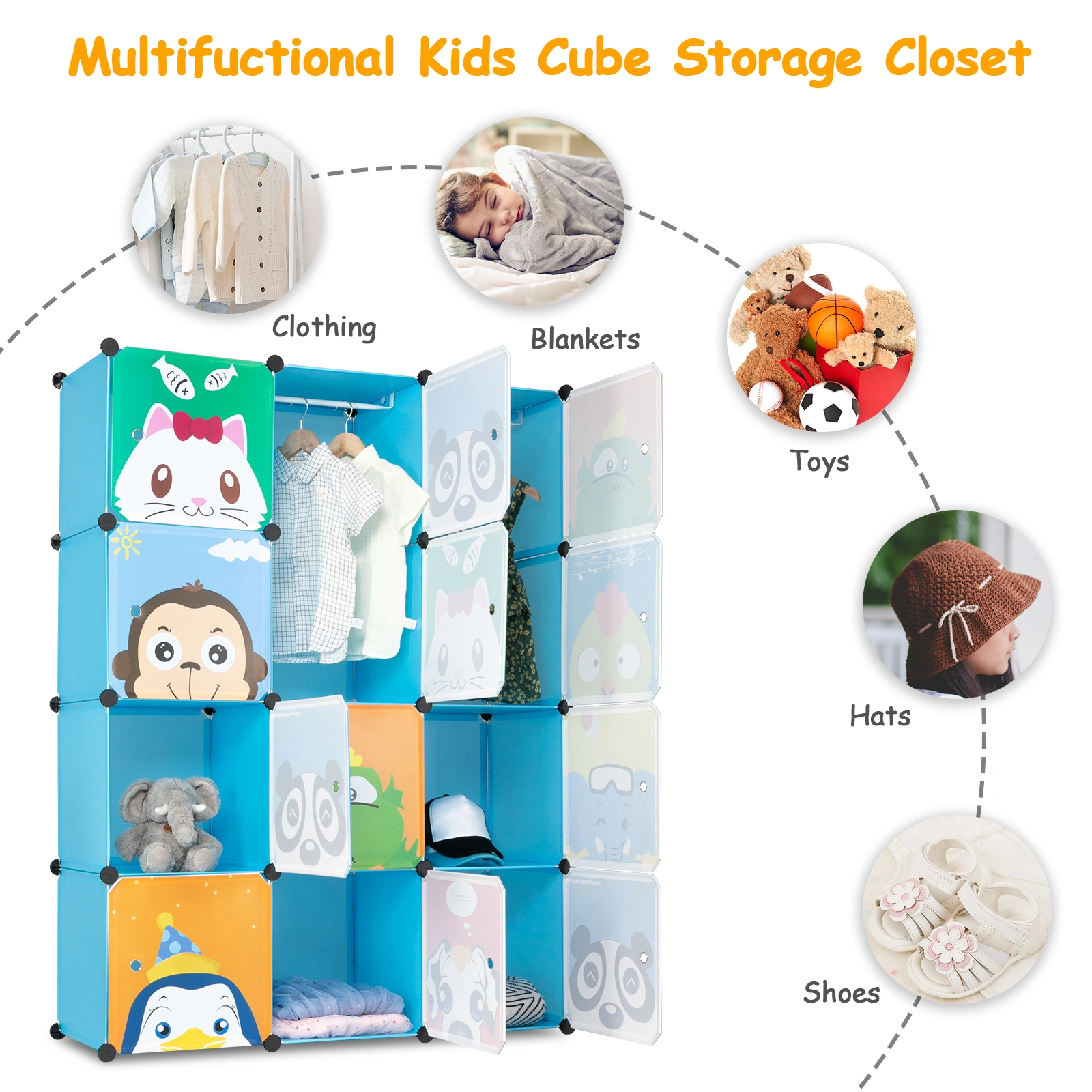 4-Layer 12-Grid 2-Hanging Rod Magic Cube Wardrobe, Plastic + Steel Wire Material with Animal Pattern, Pattern Door Blue Cabinet view 13