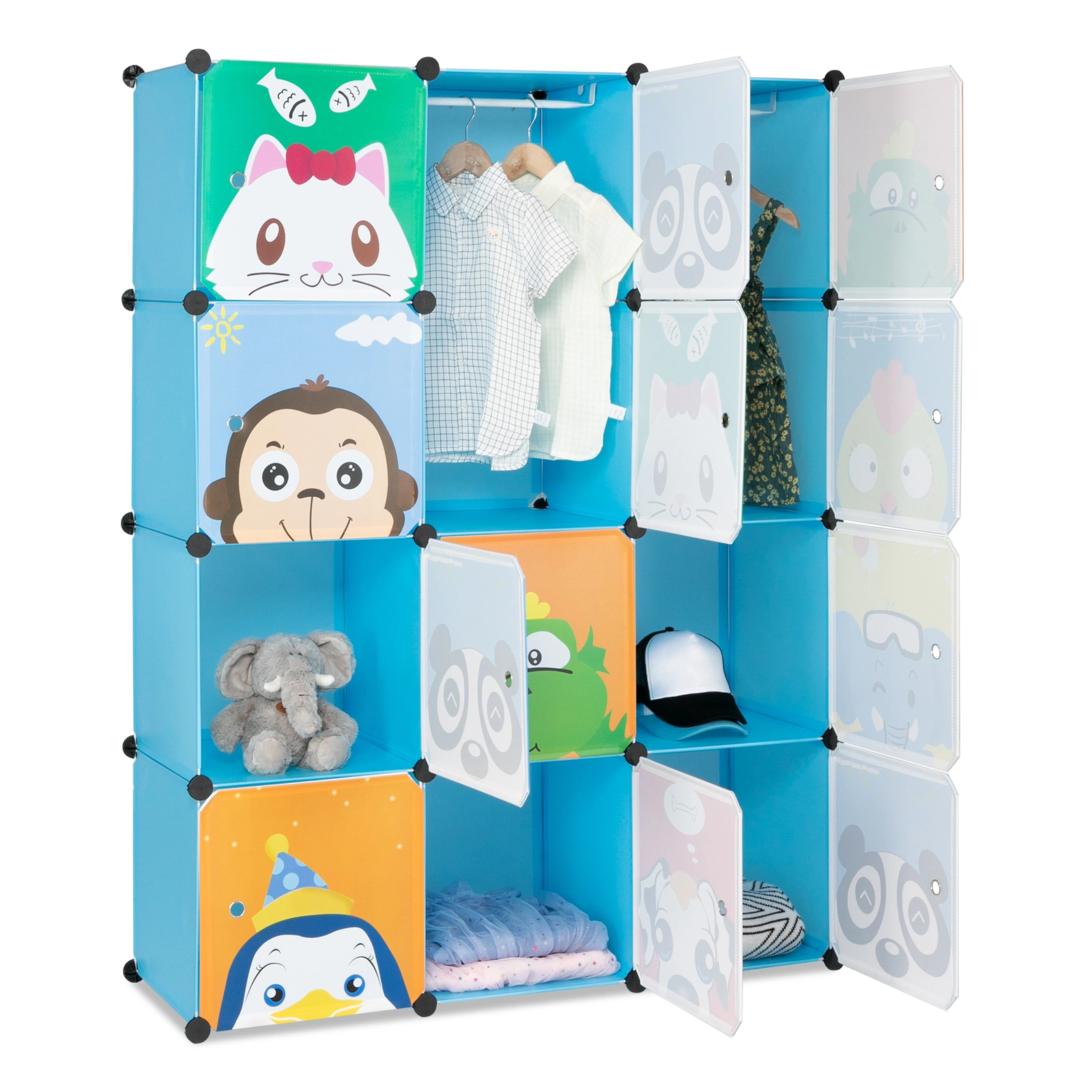 4-Layer 12-Grid 2-Hanging Rod Magic Cube Wardrobe, Plastic + Steel Wire Material with Animal Pattern, Pattern Door Blue Cabinet view 14