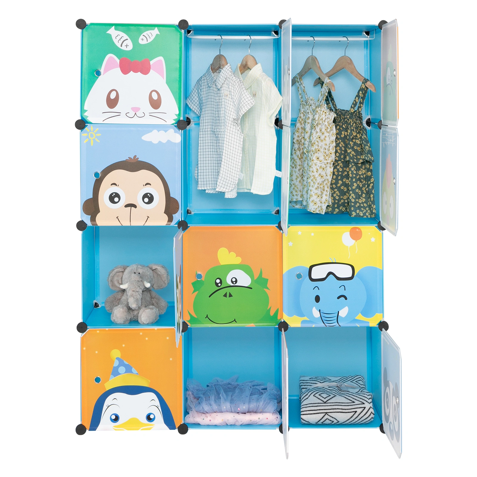 4-Layer 12-Grid 2-Hanging Rod Magic Cube Wardrobe, Plastic + Steel Wire Material with Animal Pattern, Pattern Door Blue Cabinet view 15