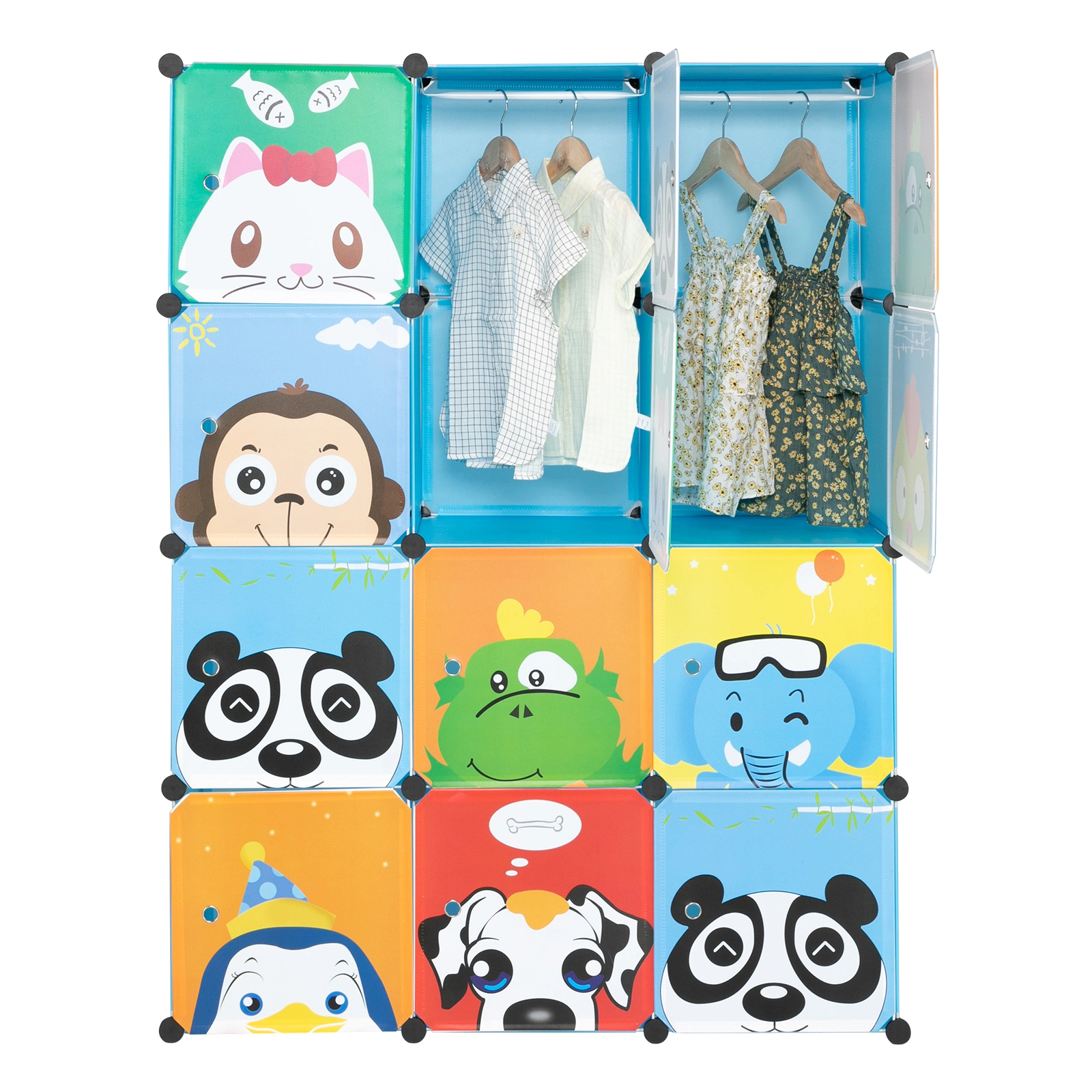 4-Layer 12-Grid 2-Hanging Rod Magic Cube Wardrobe, Plastic + Steel Wire Material with Animal Pattern, Pattern Door Blue Cabinet view 16