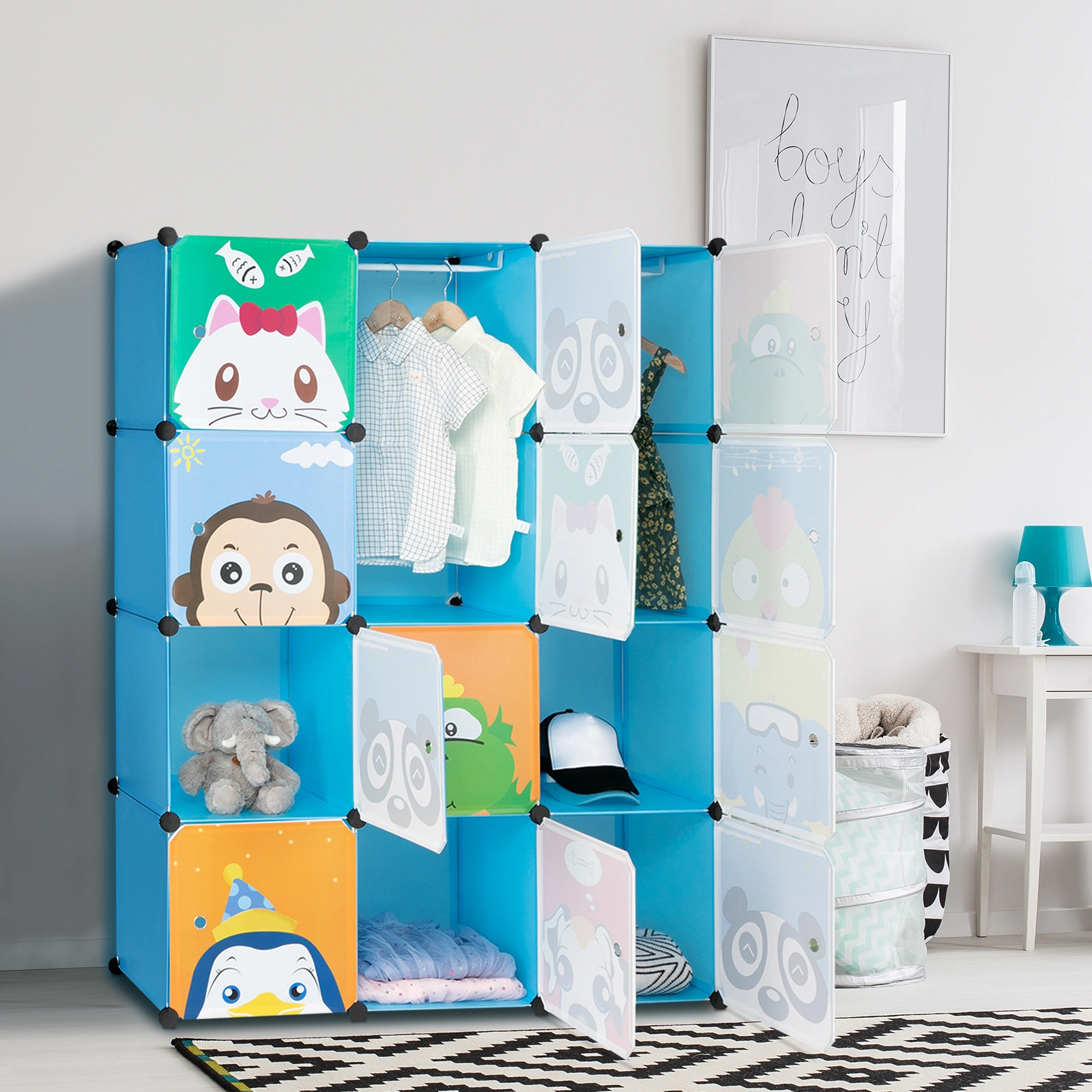 4-Layer 12-Grid 2-Hanging Rod Magic Cube Wardrobe, Plastic + Steel Wire Material with Animal Pattern, Pattern Door Blue Cabinet view 17