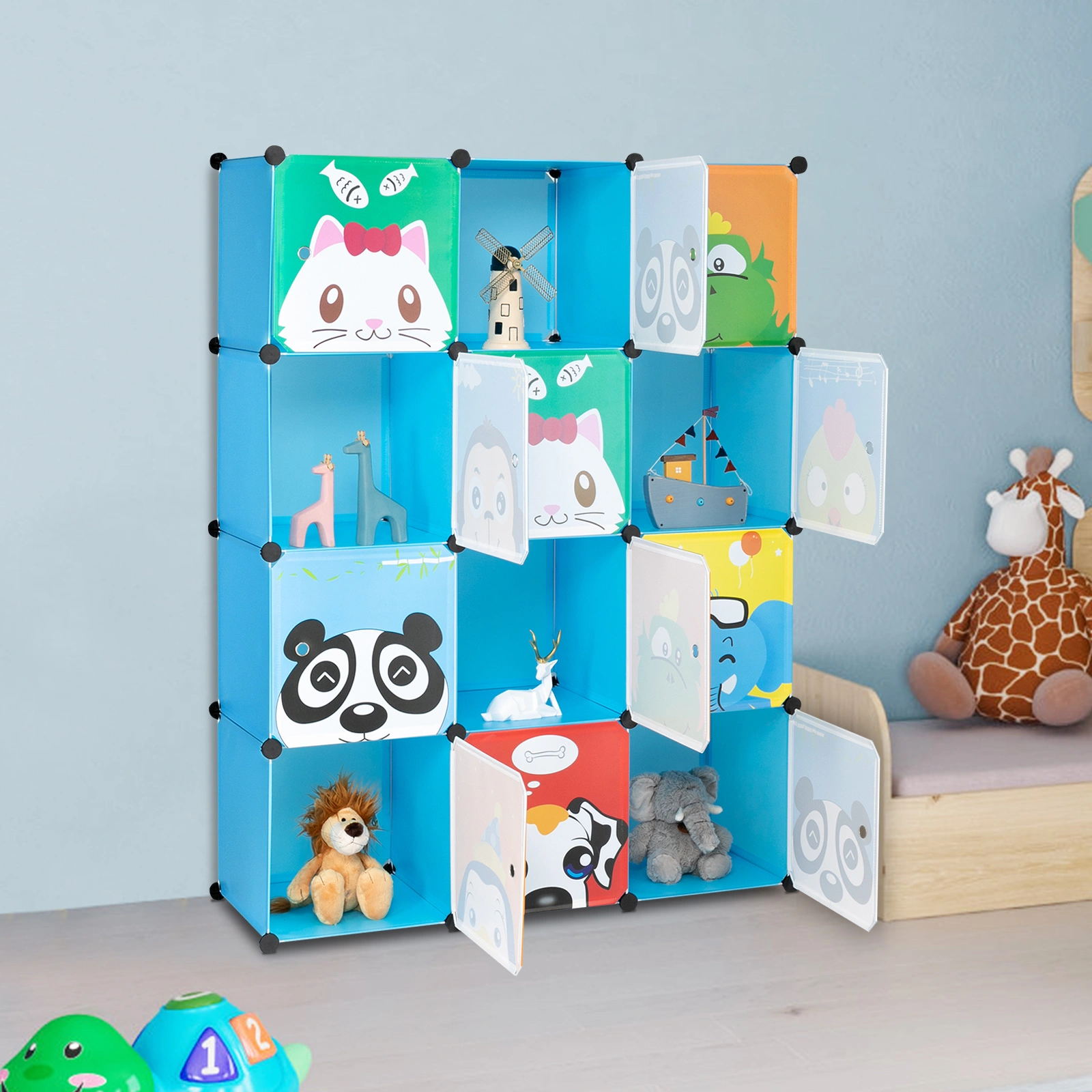 4-Layer 12-Grid 2-Hanging Rod Magic Cube Wardrobe, Plastic + Steel Wire Material with Animal Pattern, Pattern Door Blue Cabinet view 7