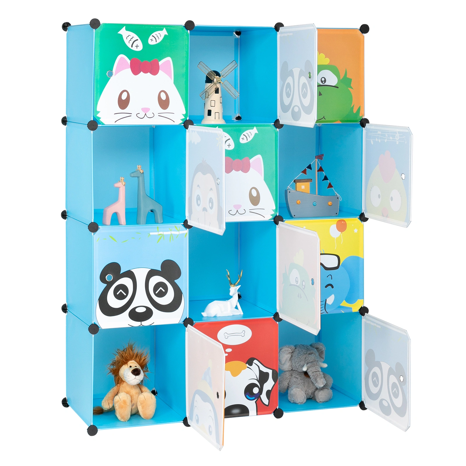 4-Layer 12-Grid 2-Hanging Rod Magic Cube Wardrobe, Plastic + Steel Wire Material with Animal Pattern, Pattern Door Blue Cabinet view 8