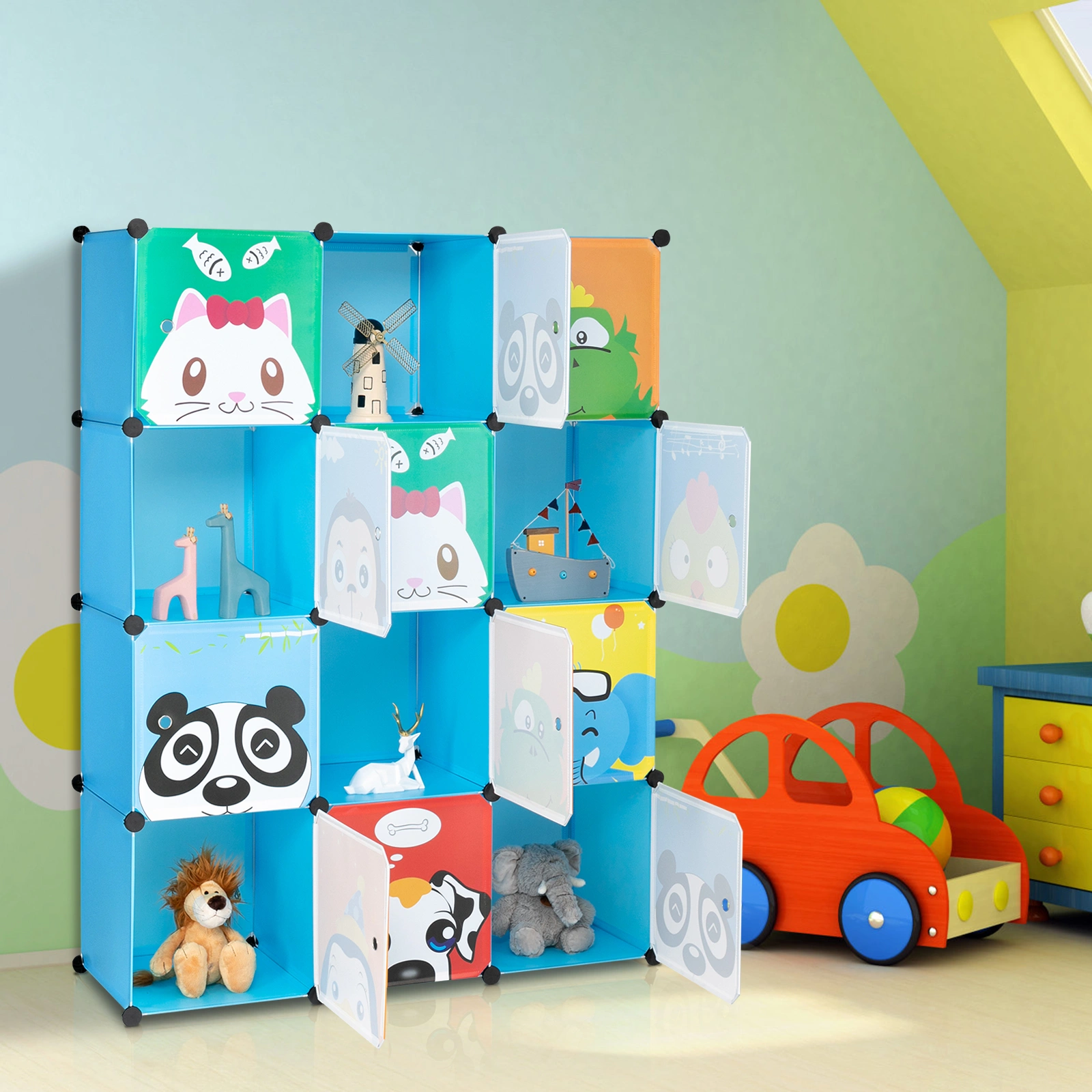 4-Layer 12-Grid 2-Hanging Rod Magic Cube Wardrobe, Plastic + Steel Wire Material with Animal Pattern, Pattern Door Blue Cabinet view 9