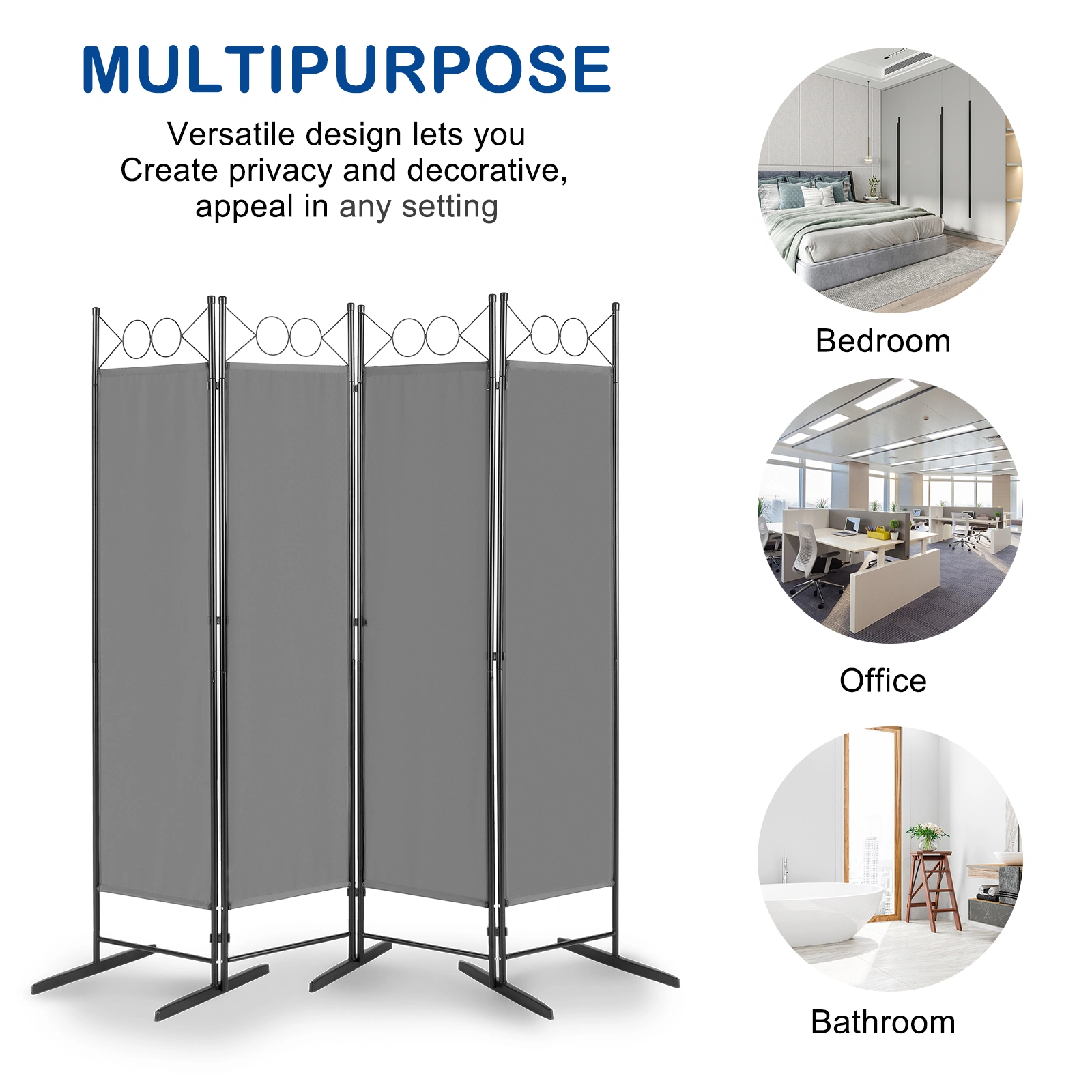 74FT 4-Fold Portable Room Divider Screen, 130g Polyester Panel, Carbon Steel Frame, Plastic Feet, Gray view 3