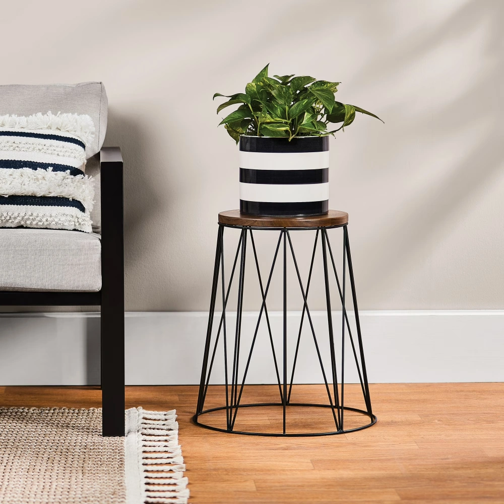 Acacia Wood Plant Stand with Powder-Coated Metal Frame, 16.3 Inch Diameter x 18.9 Inch Height Indoor Outdoor view 5