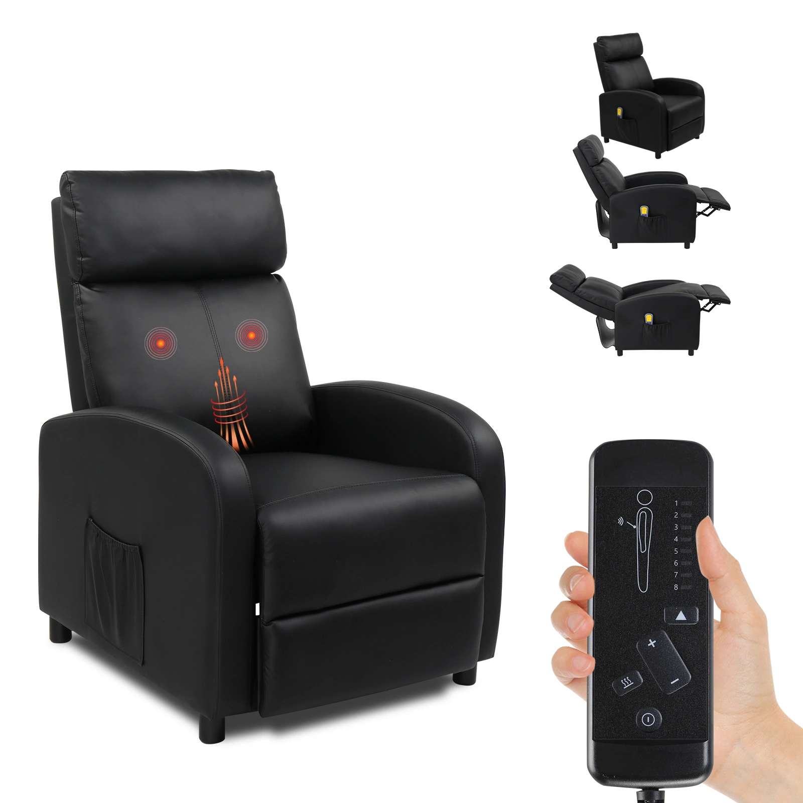 Black PU Recliner Chair with 2-Point Massage & Heating Function - Electric Rocking Recliner for Living Room