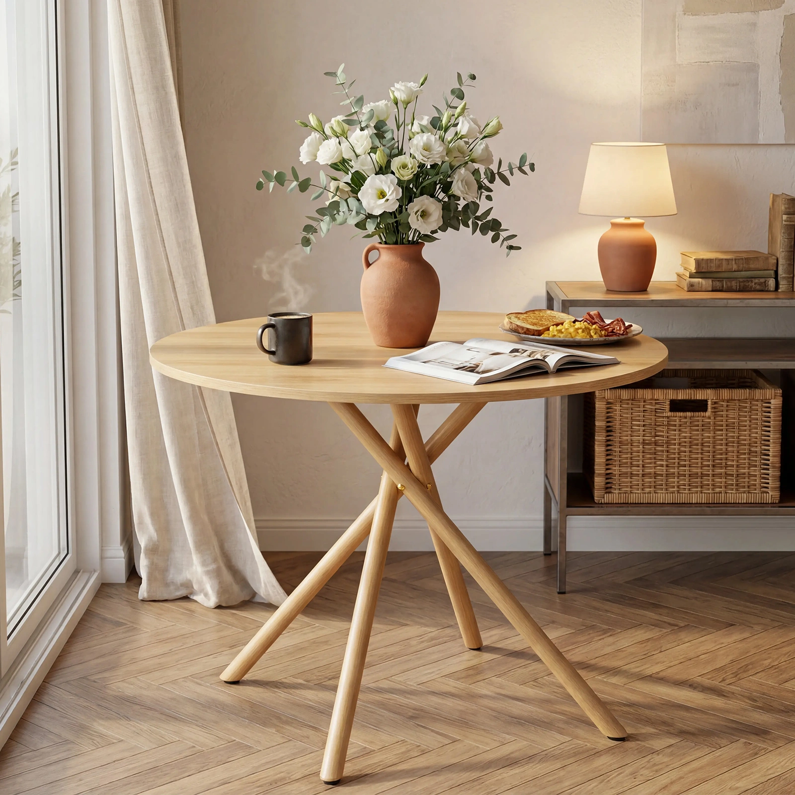 37.4 Inch Round Dining Table for 4-6 People, Cross X Metal Leg Kitchen Dinner Table with Adjustable Foot Pads, Easy Assembly Small Space Dining Room Table, Natural Wood Tone view 11