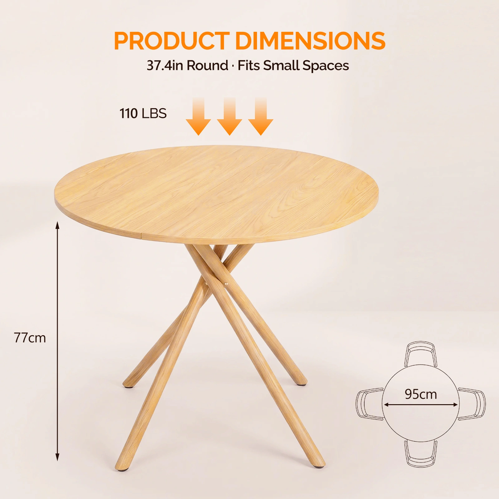 37.4 Inch Round Dining Table for 4-6 People, Cross X Metal Leg Kitchen Dinner Table with Adjustable Foot Pads, Easy Assembly Small Space Dining Room Table, Natural Wood Tone view 7