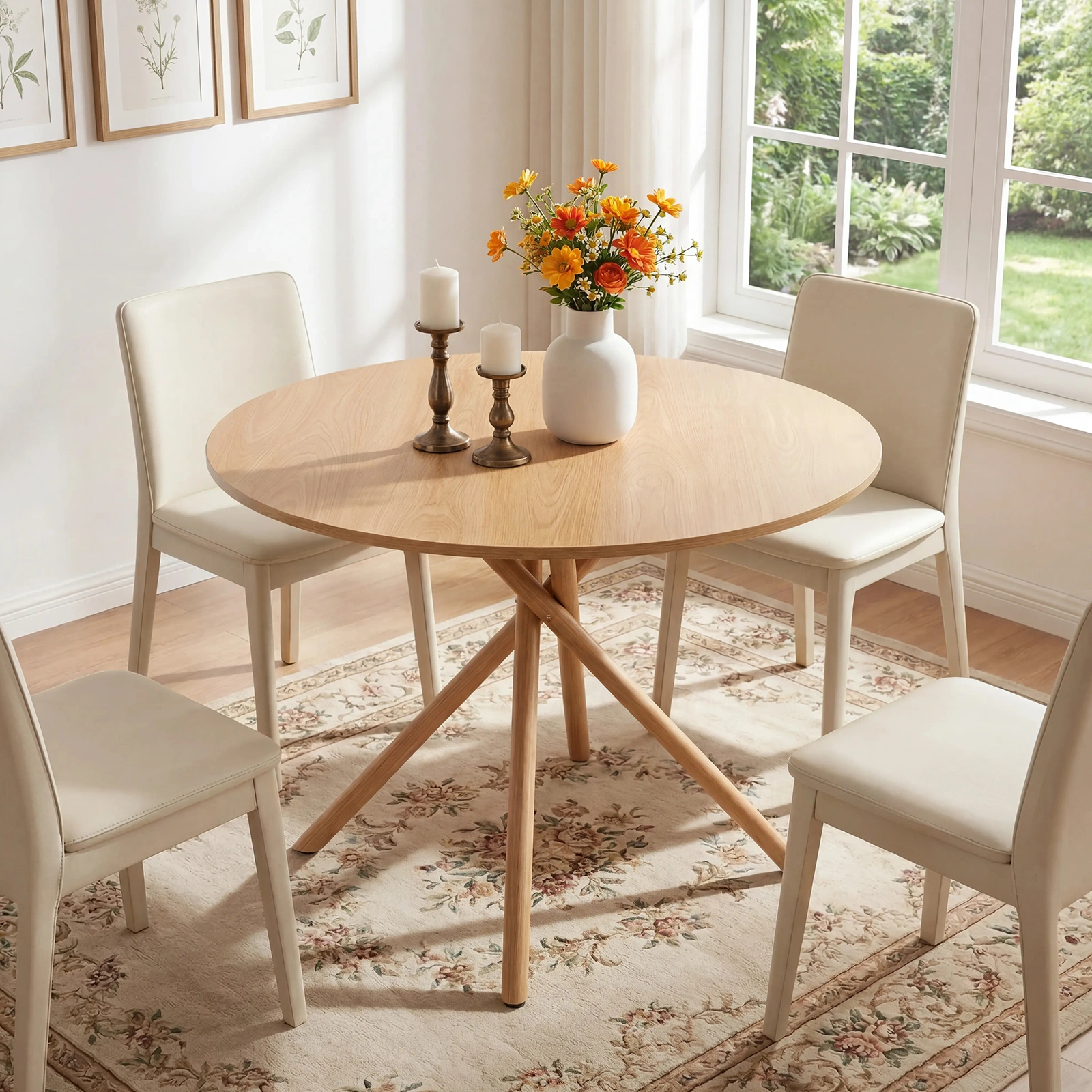 37.4 Inch Round Dining Table for 4-6 People, Cross X Metal Leg Kitchen Dinner Table with Adjustable Foot Pads, Easy Assembly Small Space Dining Room Table, Natural Wood Tone view 9