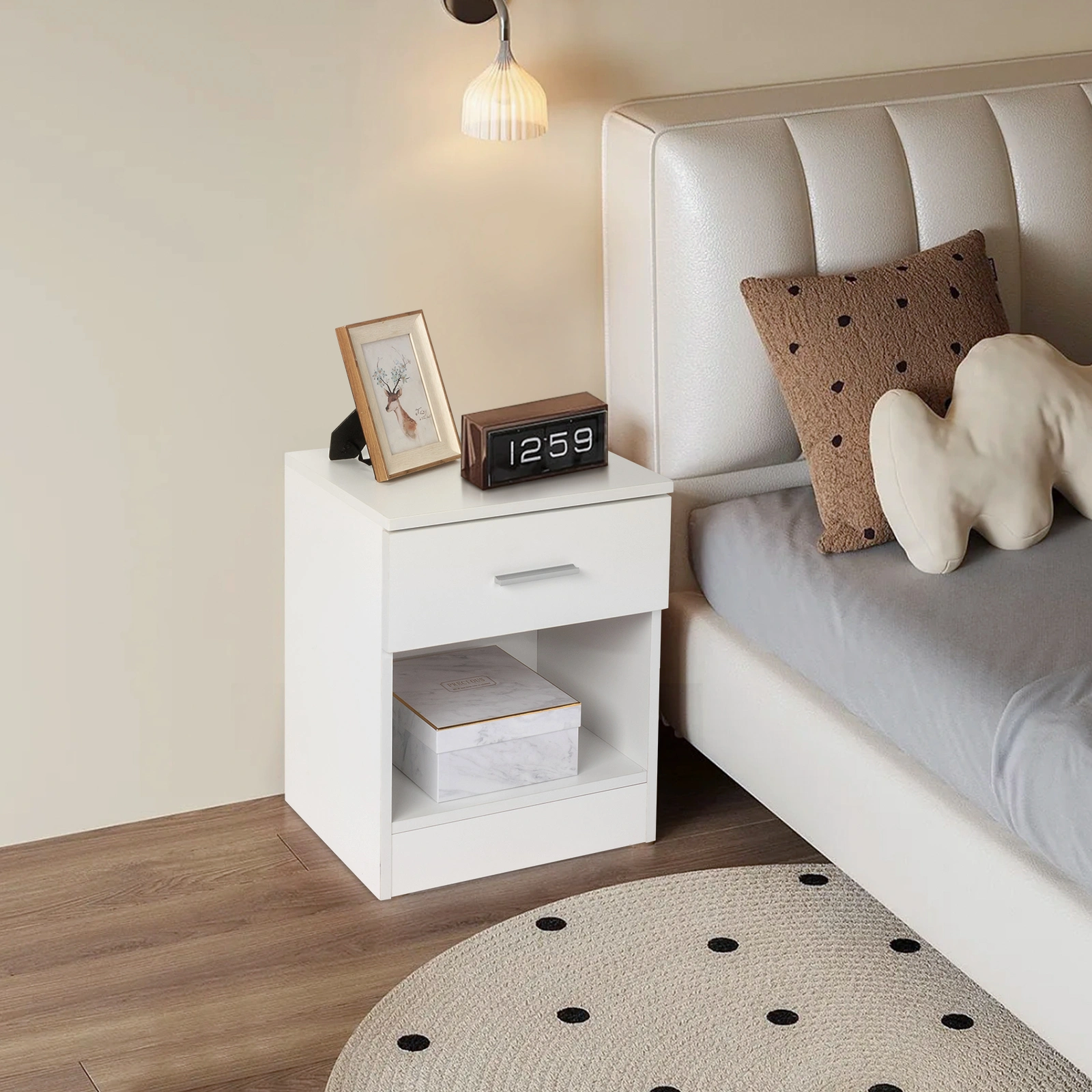 White 2-Tier Nightstand Bedside Cabinet with Storage Shelf, End Table for Bedroom & Home Office view 4