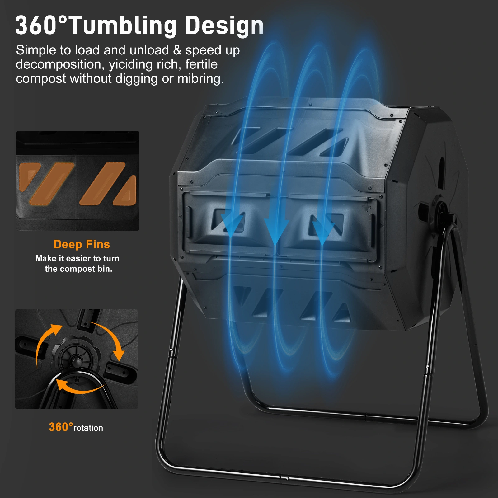 Outdoor Compost Tumbler Dual Chamber, Outdoor Tumbling Composter Dual Rotating Batch Compost Bin, 42 Gallon, Black view 10