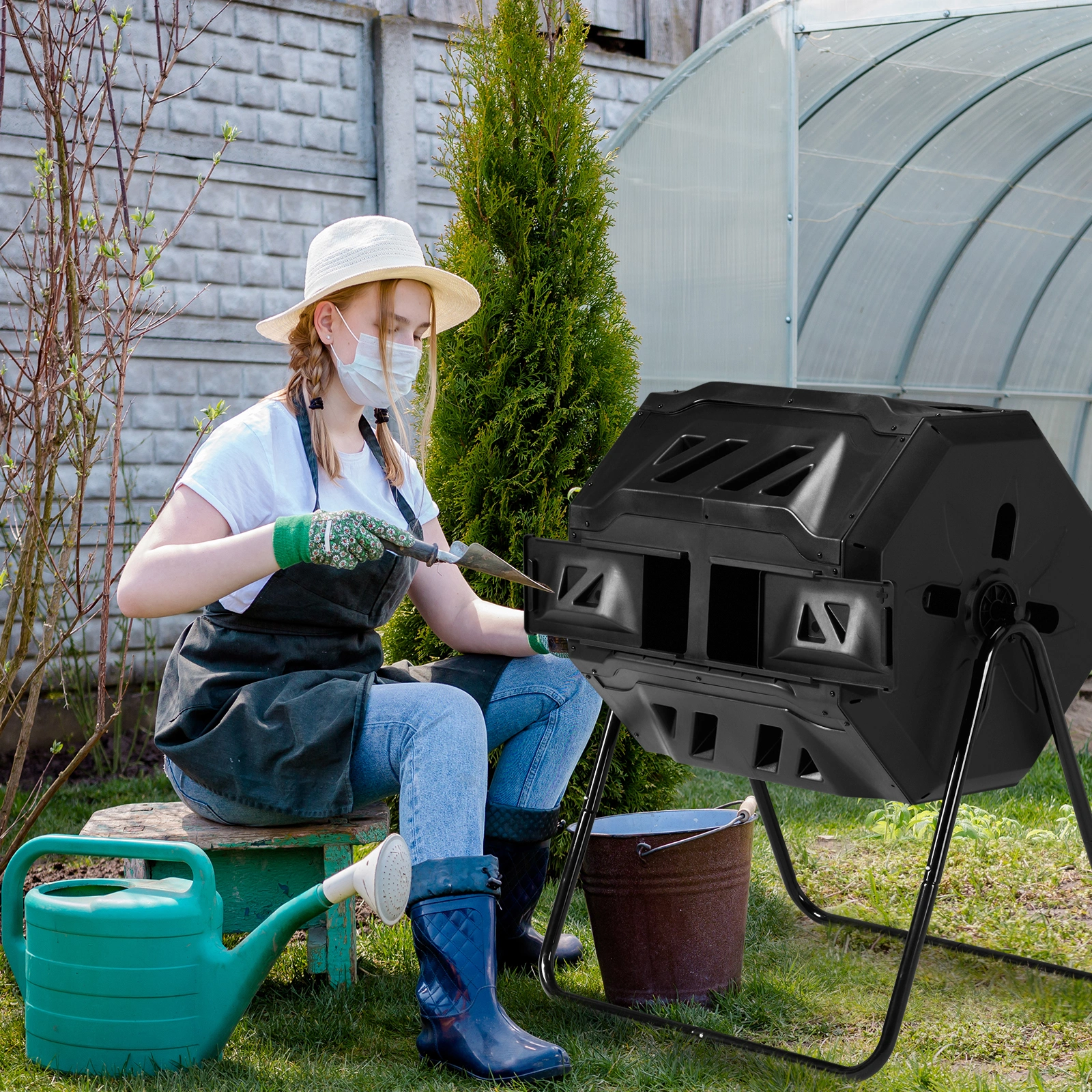Outdoor Compost Tumbler Dual Chamber, Outdoor Tumbling Composter Dual Rotating Batch Compost Bin, 42 Gallon, Black view 11