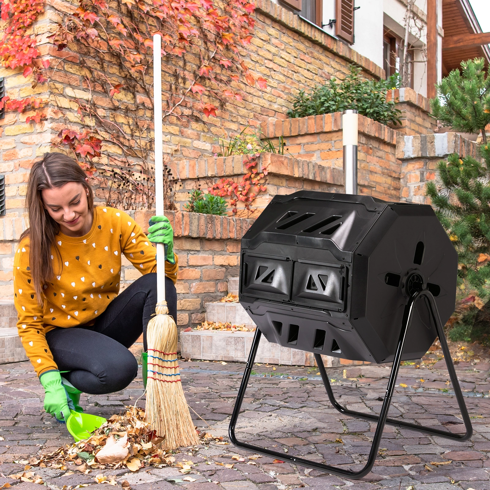 Outdoor Compost Tumbler Dual Chamber, Outdoor Tumbling Composter Dual Rotating Batch Compost Bin, 42 Gallon, Black view 12