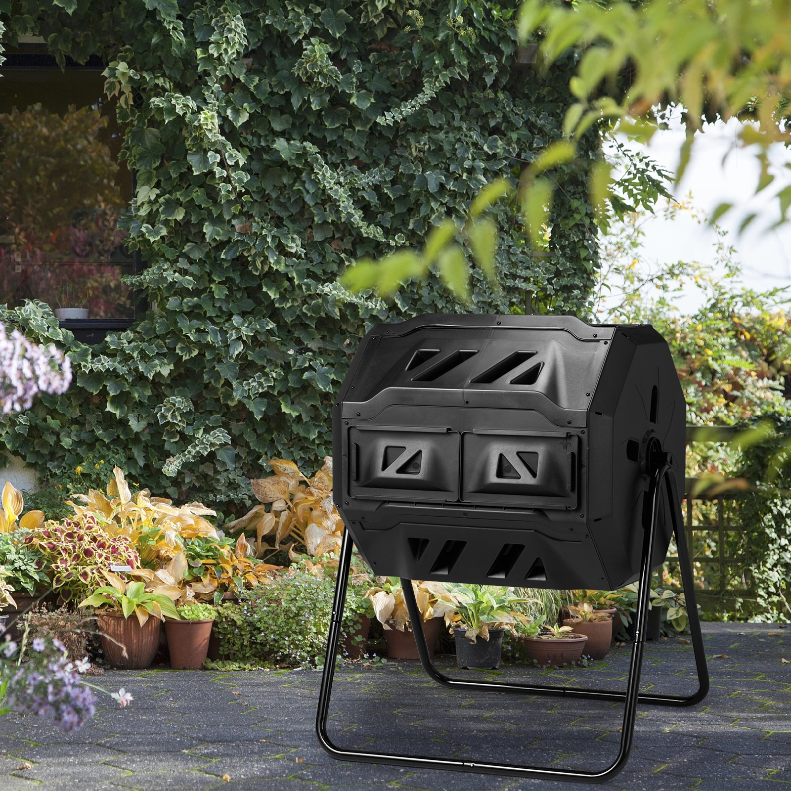 Outdoor Compost Tumbler Dual Chamber, Outdoor Tumbling Composter Dual Rotating Batch Compost Bin, 42 Gallon, Black view 13