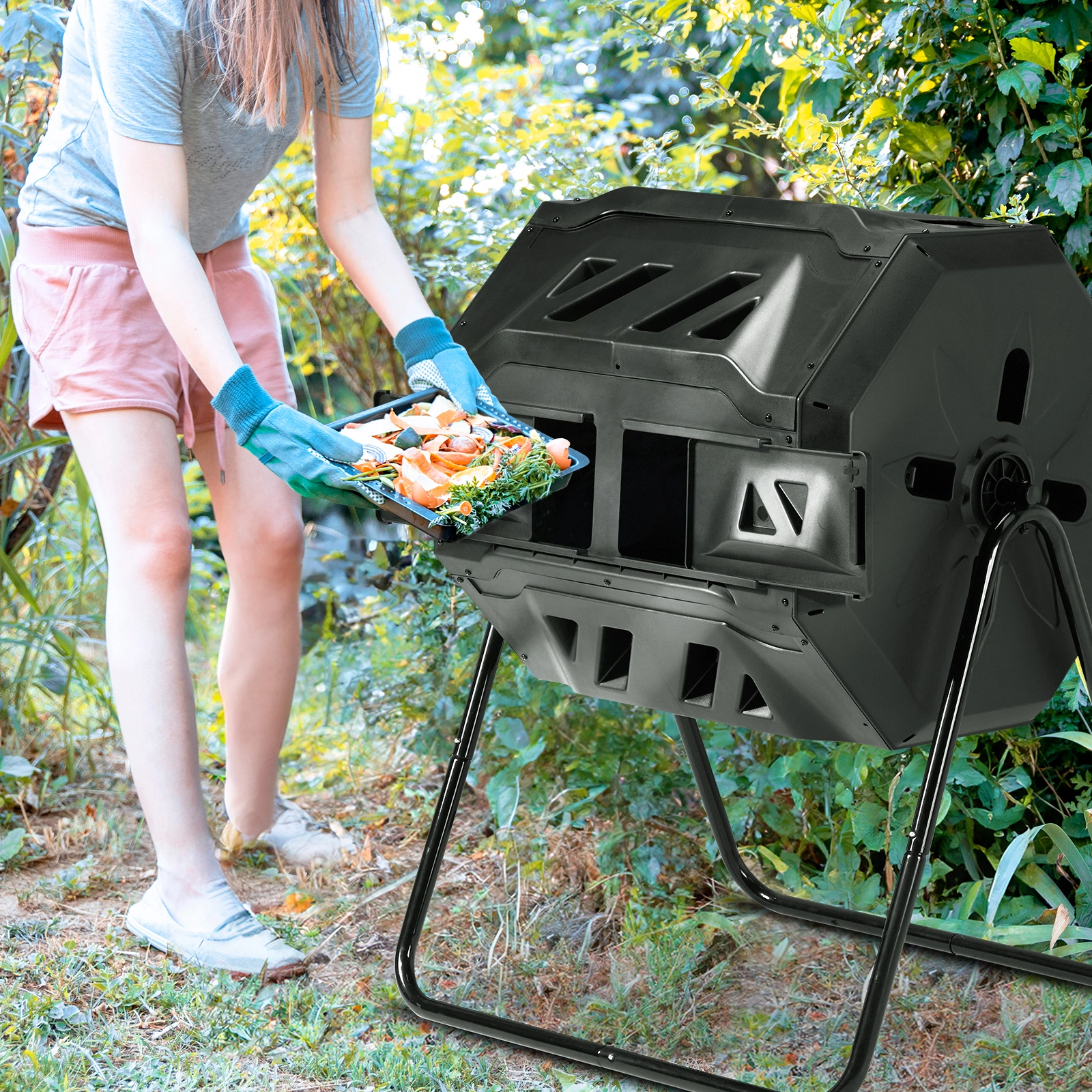 Outdoor Compost Tumbler Dual Chamber, Outdoor Tumbling Composter Dual Rotating Batch Compost Bin, 42 Gallon, Black view 14