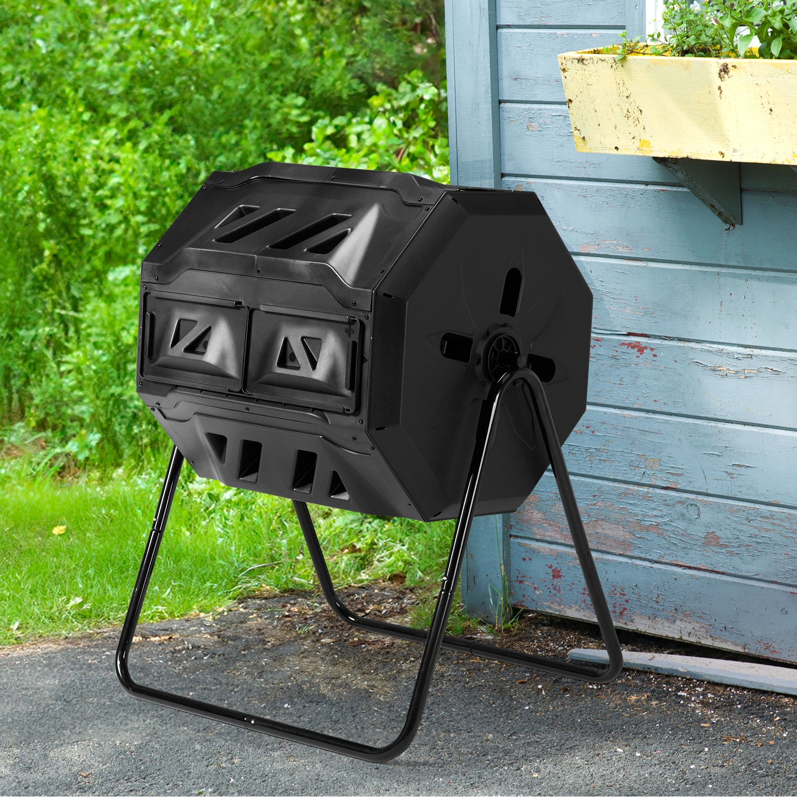 Outdoor Compost Tumbler Dual Chamber, Outdoor Tumbling Composter Dual Rotating Batch Compost Bin, 42 Gallon, Black view 15