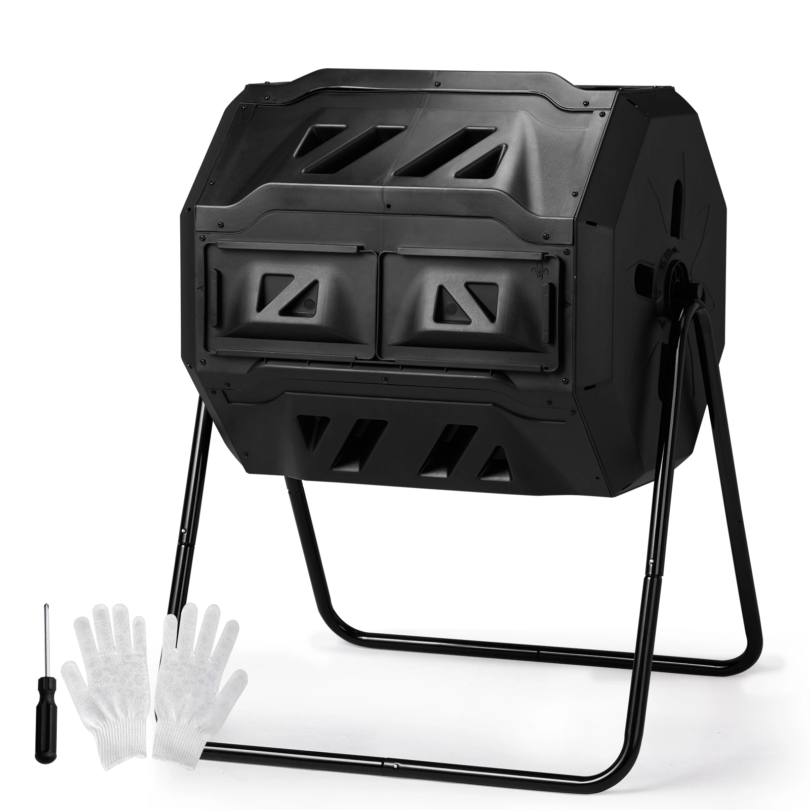 Outdoor Compost Tumbler Dual Chamber, Outdoor Tumbling Composter Dual Rotating Batch Compost Bin, 42 Gallon, Black view 2