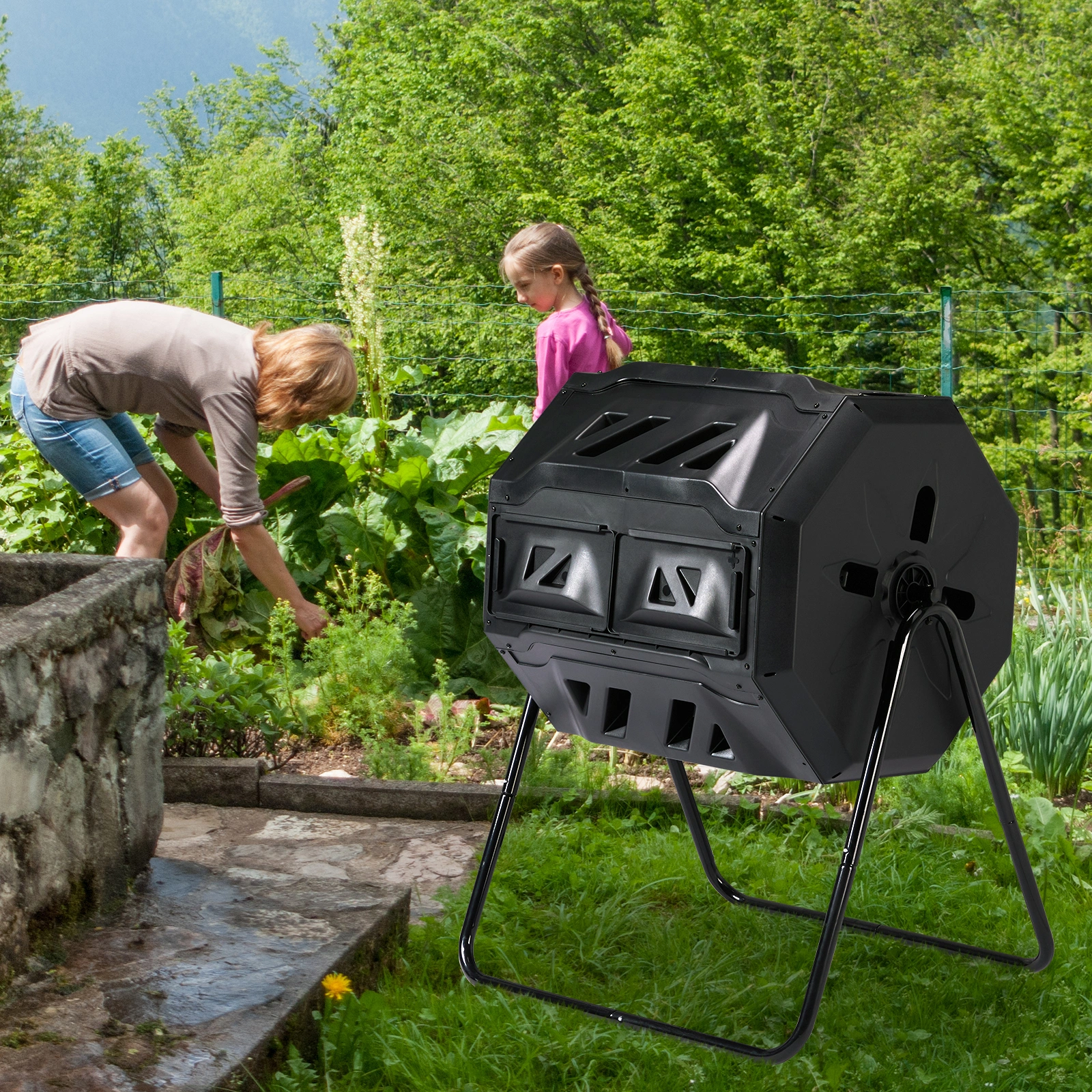 Outdoor Compost Tumbler Dual Chamber, Outdoor Tumbling Composter Dual Rotating Batch Compost Bin, 42 Gallon, Black view 9