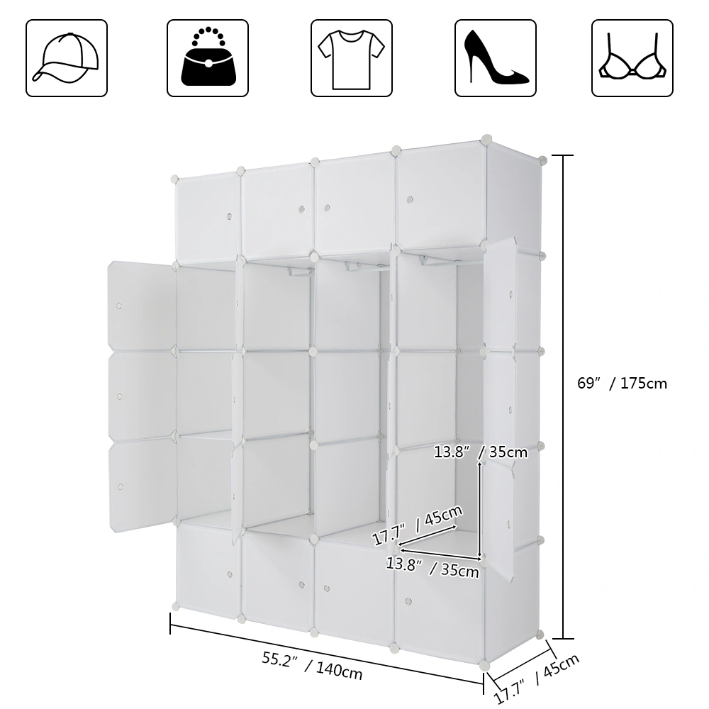 20 Cube Organizer Stackable Plastic Cube Storage Shelves Design Multifunctional Modular Closet Cabinet with Hanging Rod White view 11