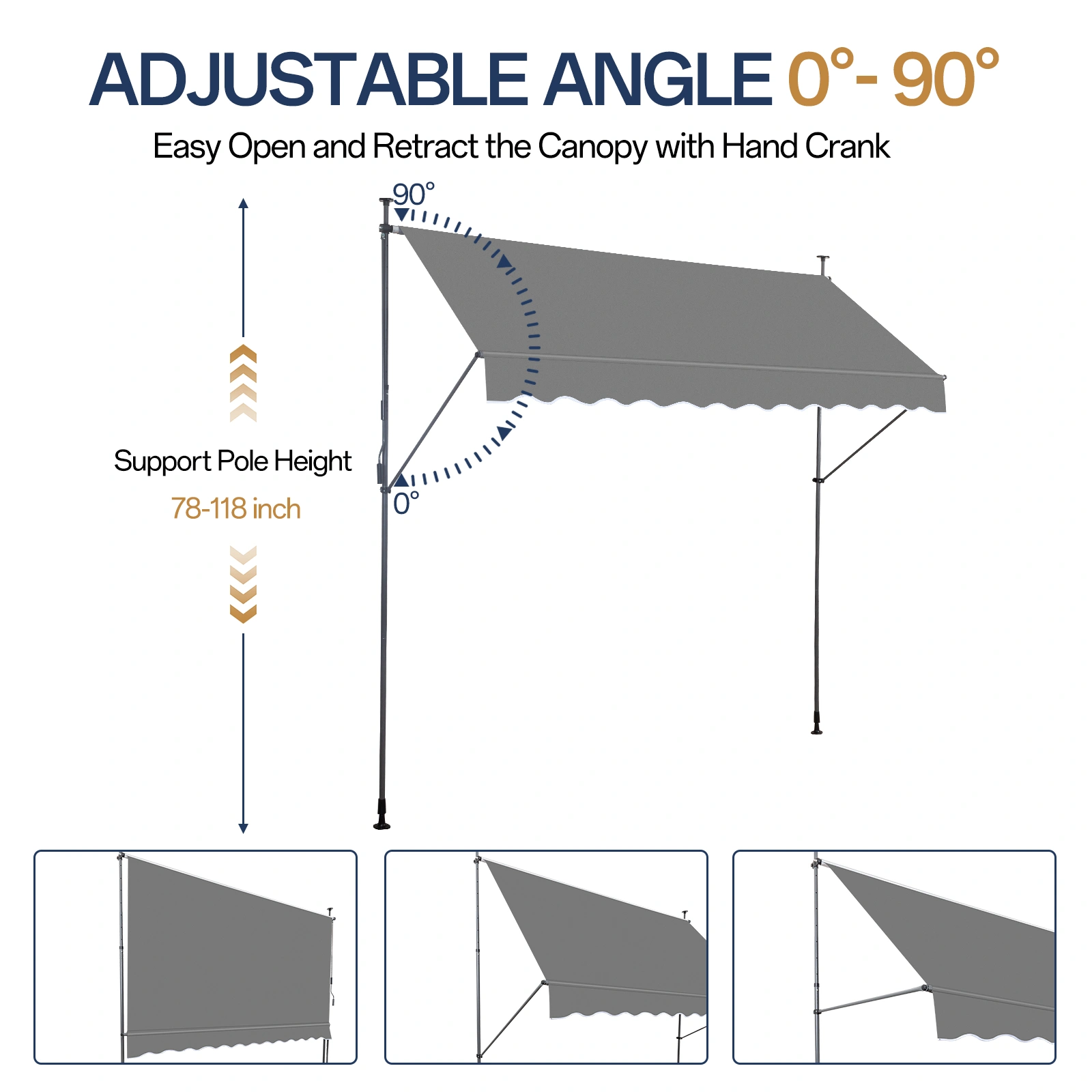 Grey Retractable Awning 118.1"D x 47.2"W x 78.7-118.1"H Adjustable Outdoor Canopy view 10