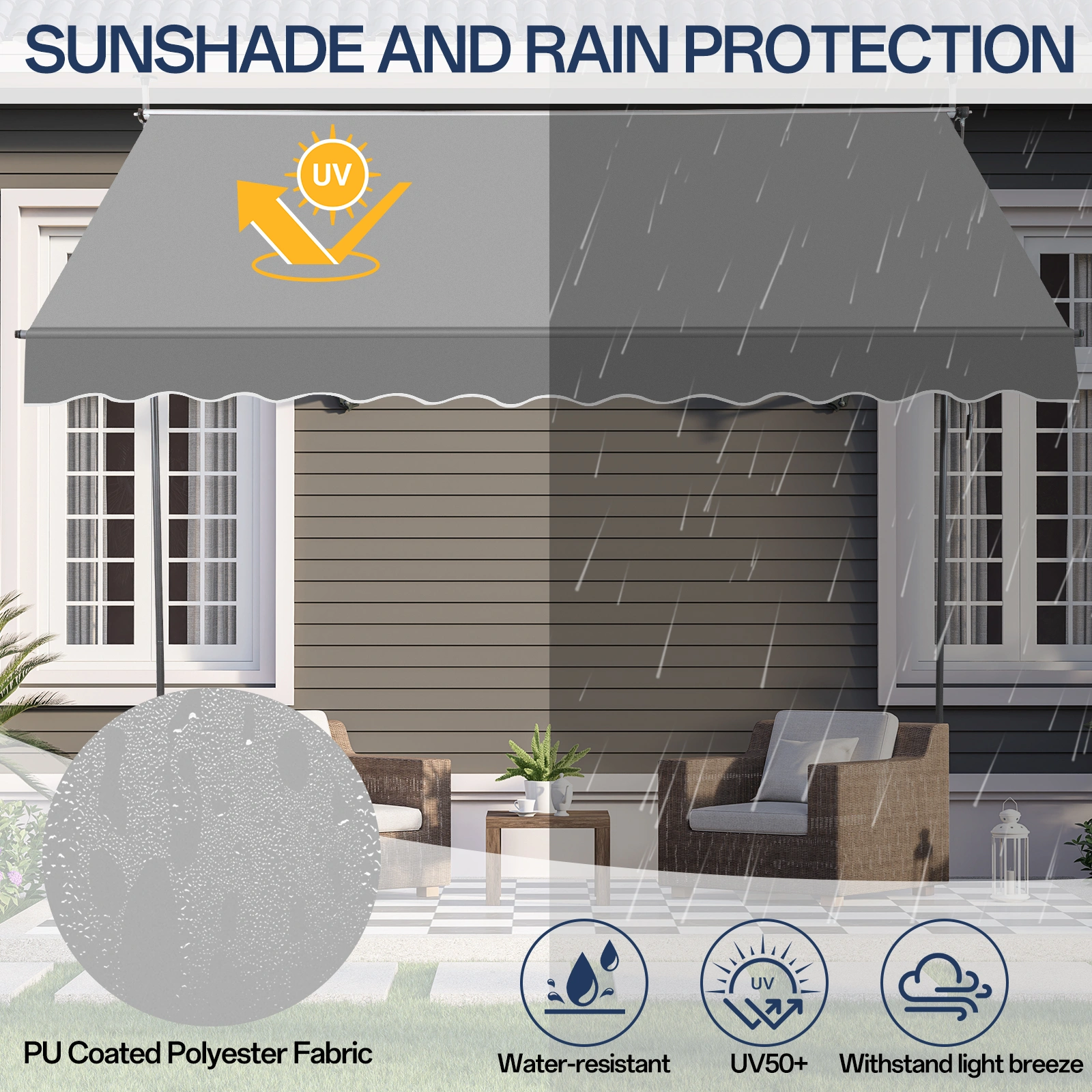 Grey Retractable Awning 118.1"D x 47.2"W x 78.7-118.1"H Adjustable Outdoor Canopy view 9