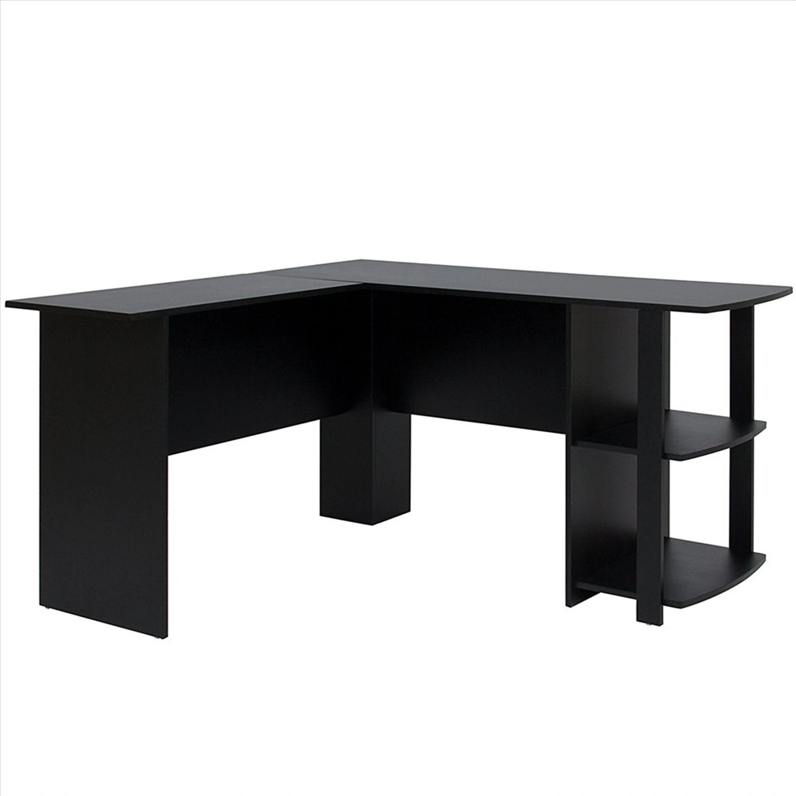 L-Shaped Computer Desk with Two-Tier Bookshelves, Right Angle Wood Office Desk, Black view 2
