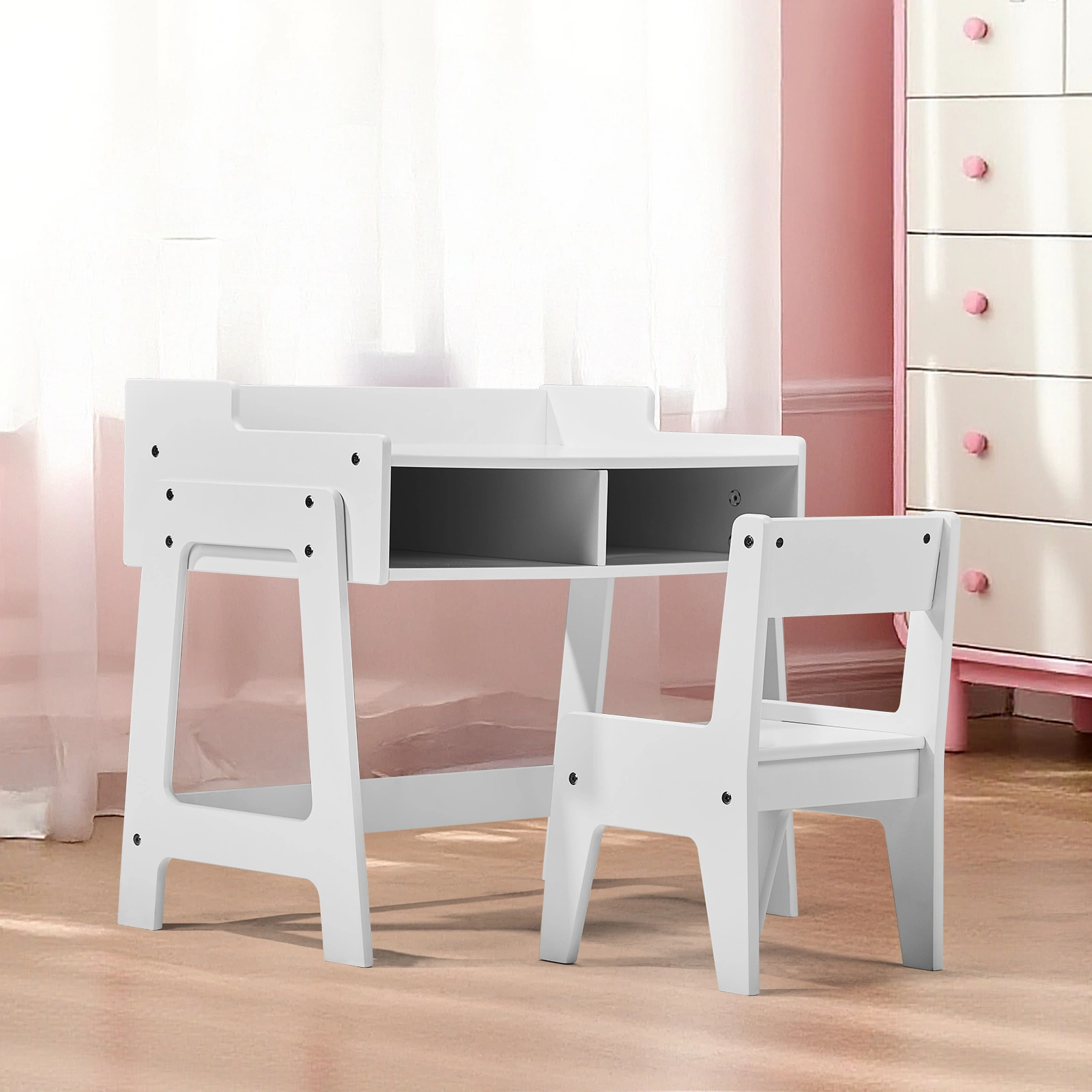 White Kids Study Desk and Chair Set with Storage, MDF, 60.5*41.5*50cm view 2