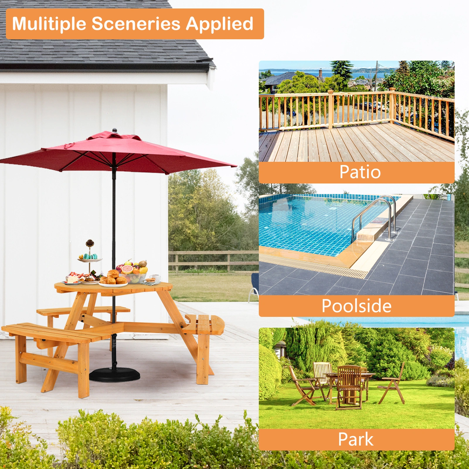 6-Person Outdoor Circular Wooden Picnic Table with 3 Built-In Benches, Outside Table and Bench Set for Porch Backyard Patio Lawn Garden view 11